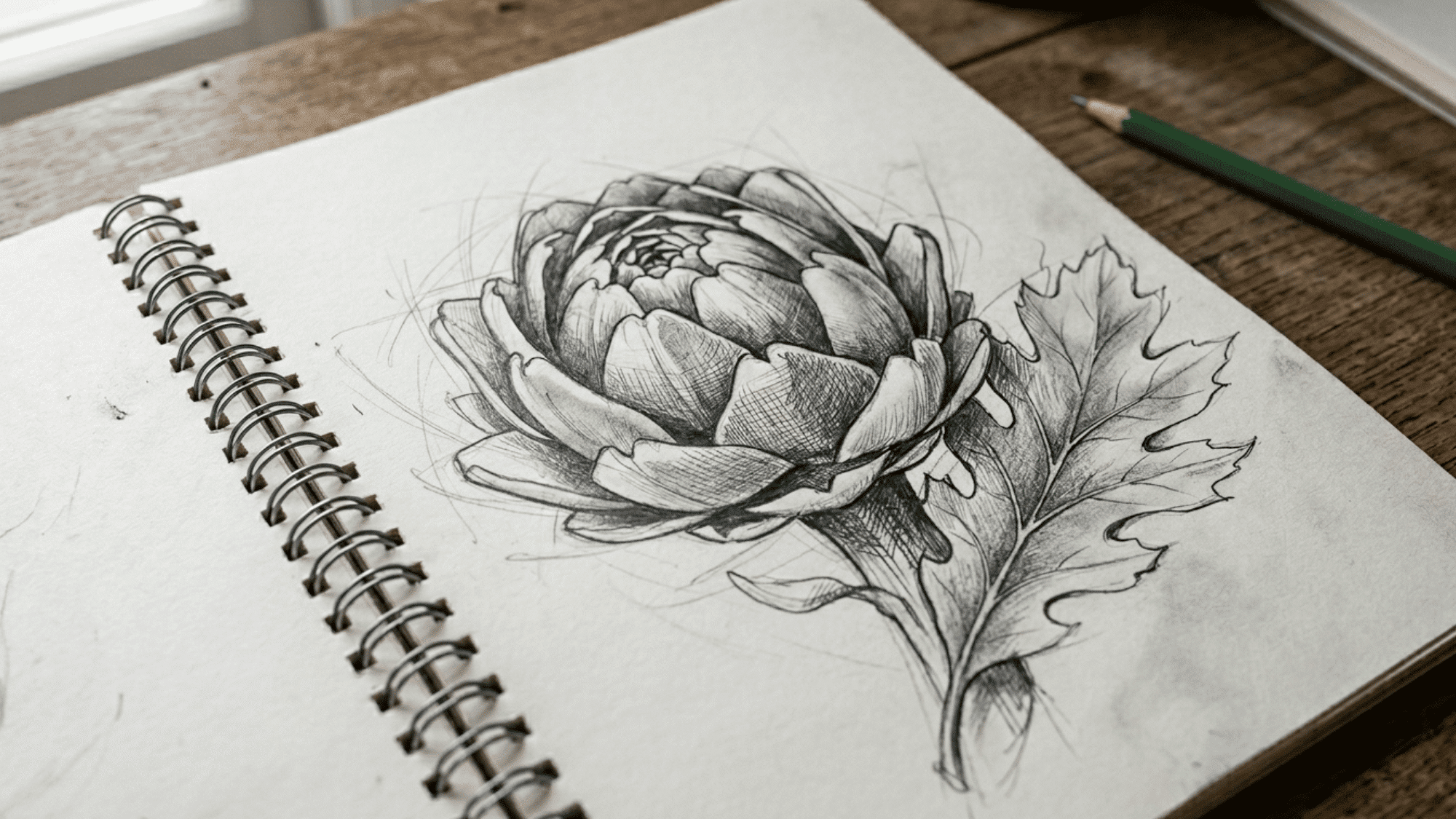 sketchbook page with flower sketch and leaf shading pencil drawing