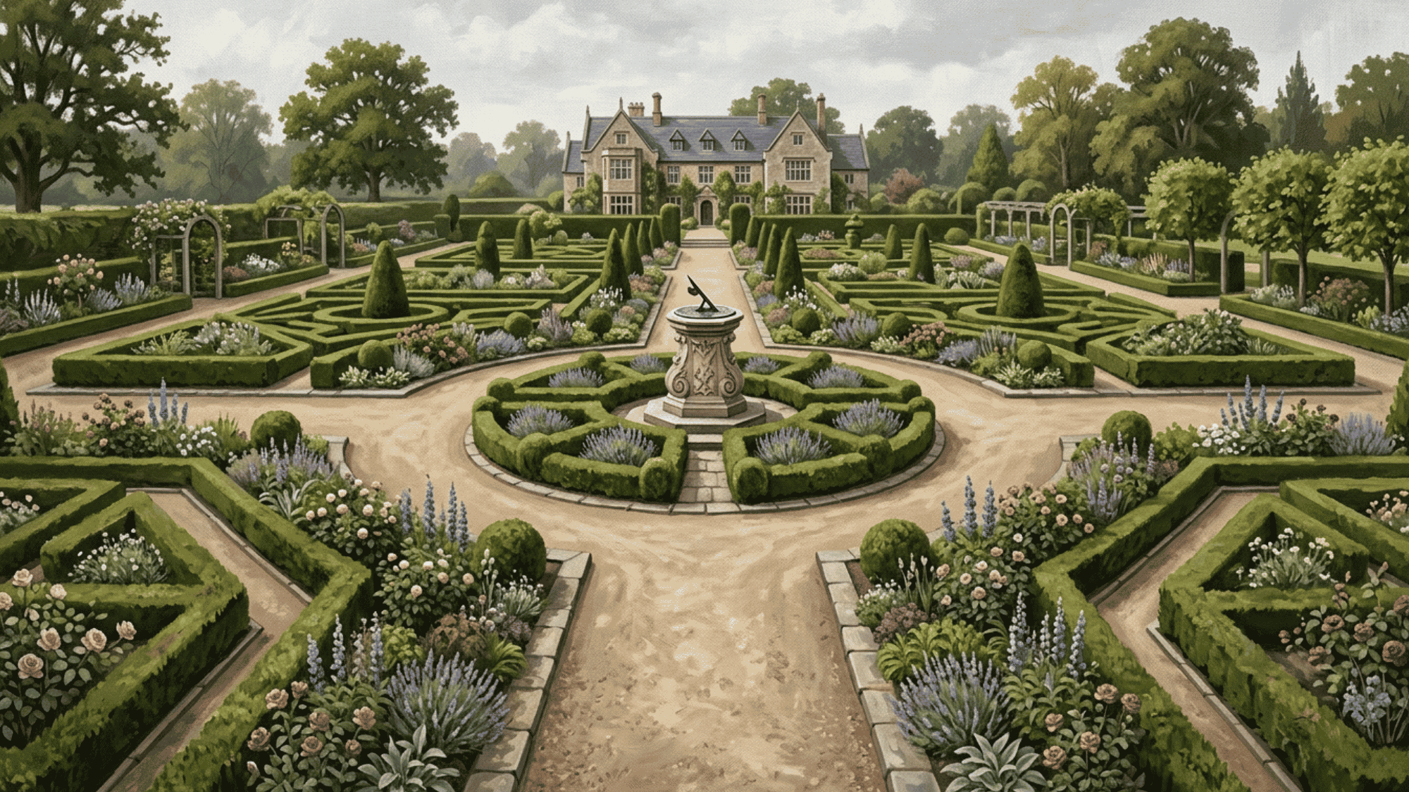 formal garden paths intersecting at the center, creating a strong cross-shaped layout