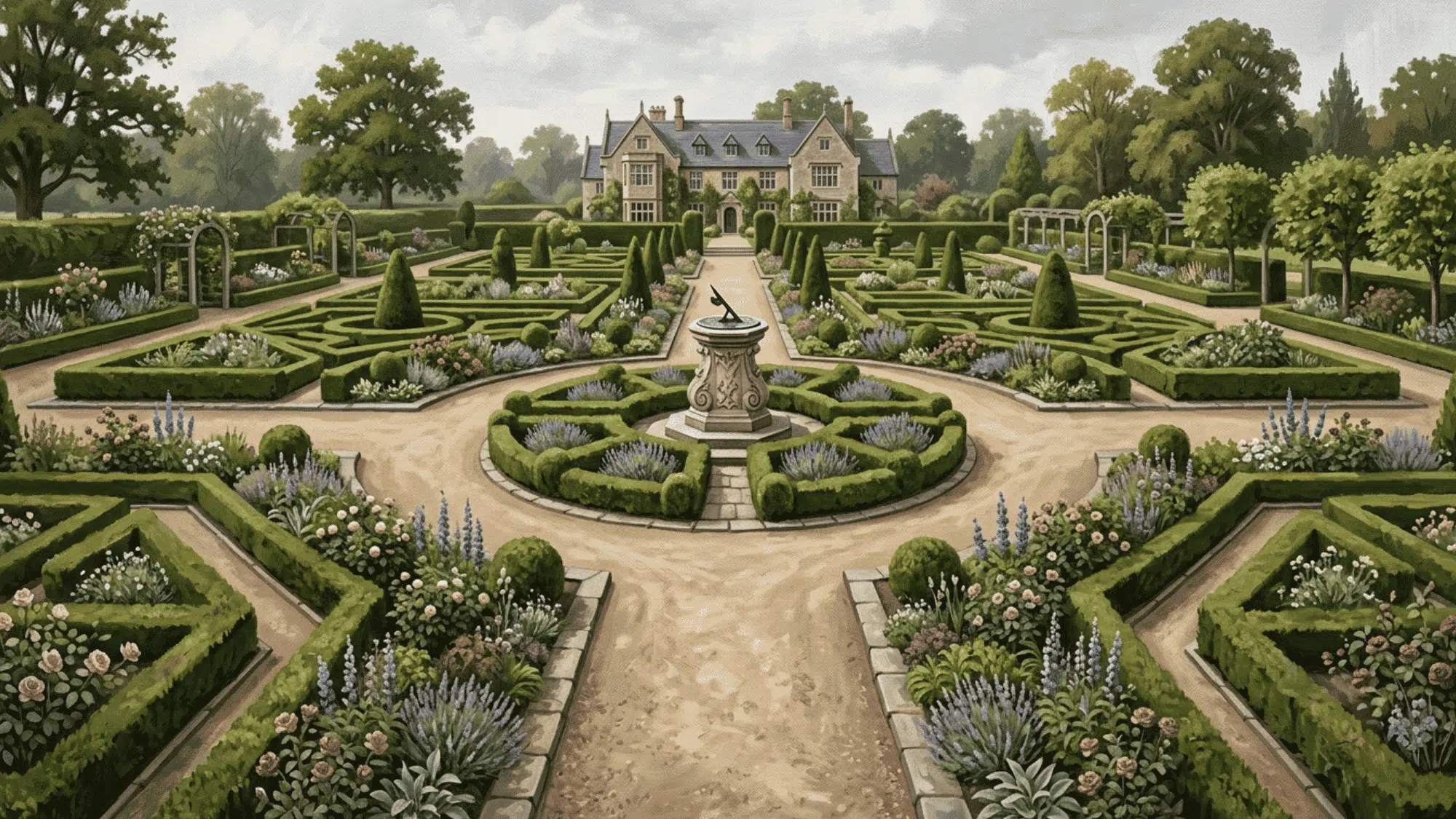 formal garden paths intersecting at the center, creating a strong cross-shaped layout