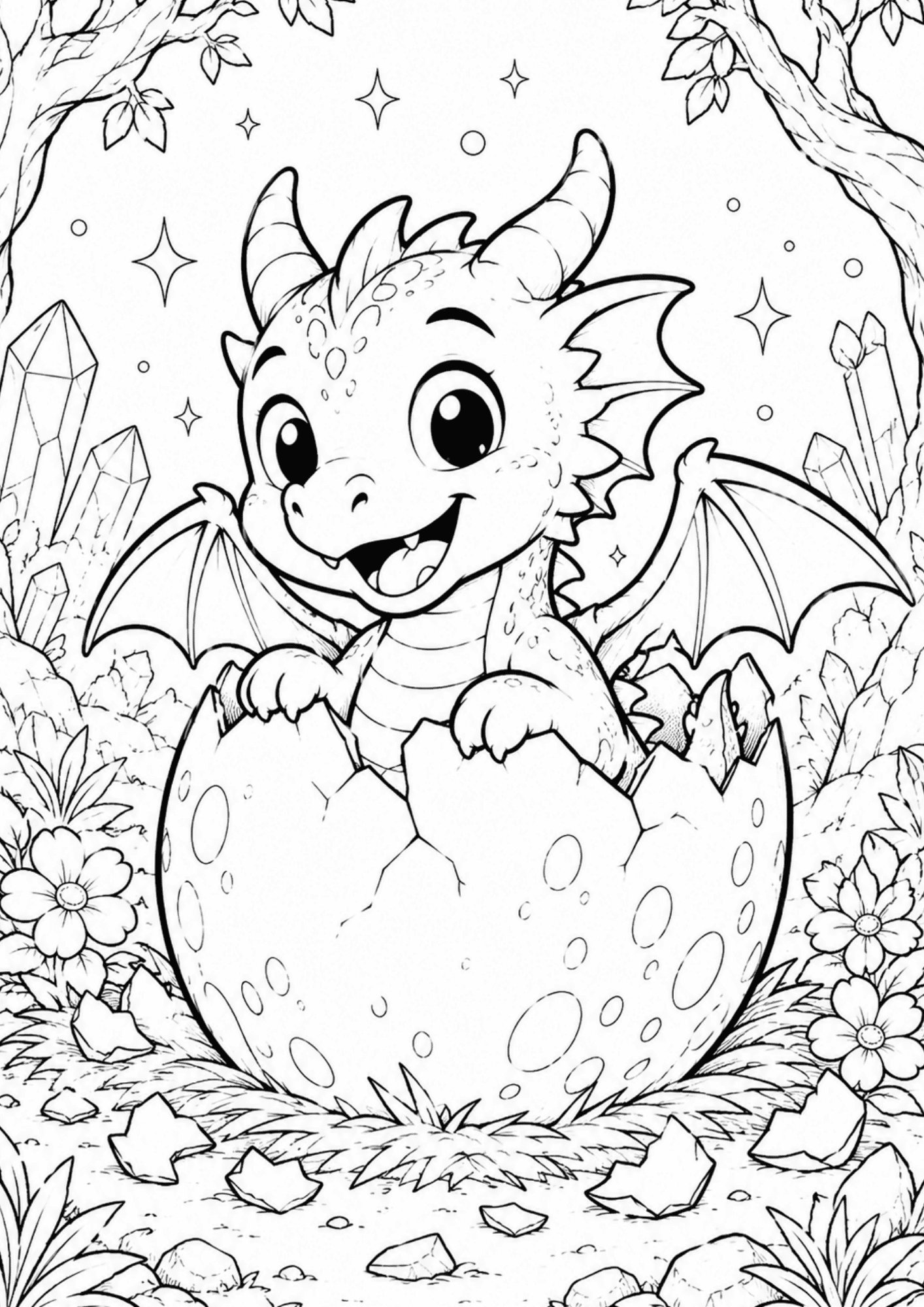 Cute baby dragon hatching from a cracked egg with tiny wings in a magical fantasy coloring page scene for kids