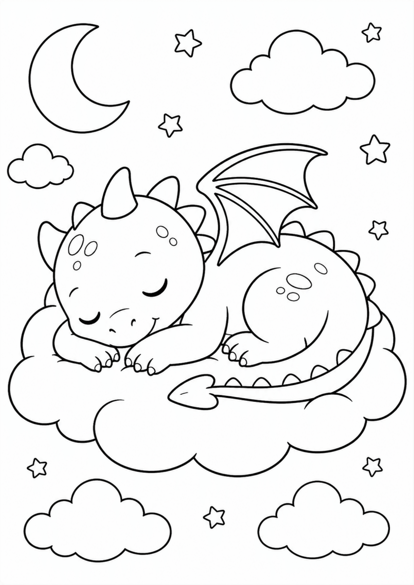 Cute baby dragon sleeping on fluffy clouds under stars and moon, simple bold black outlines, fun kids coloring page.