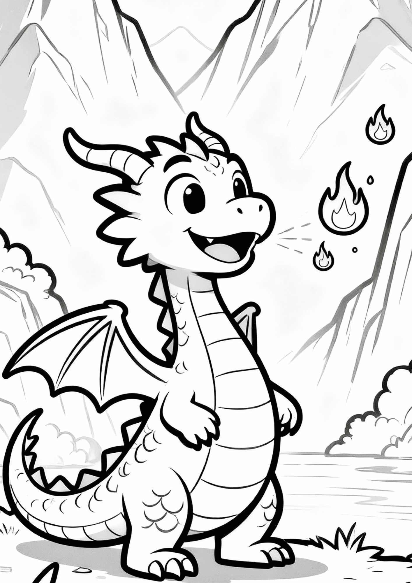 Cute cartoon dragon breathing tiny fireballs near mountains and lake in a fun black and white coloring page scene