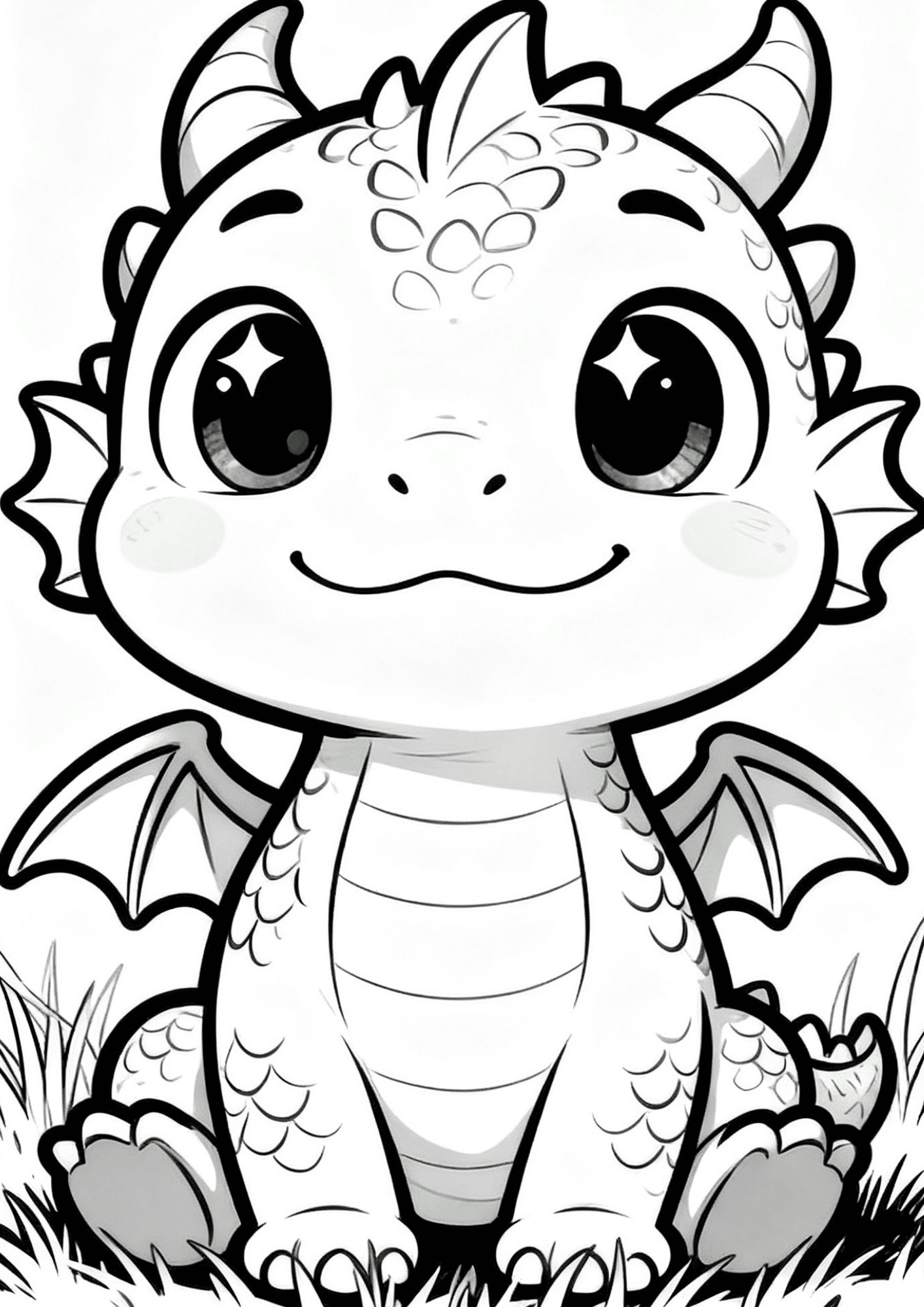 Cute chubby baby dragon with big sparkling eyes, tiny wings, and horns sitting in grass coloring page