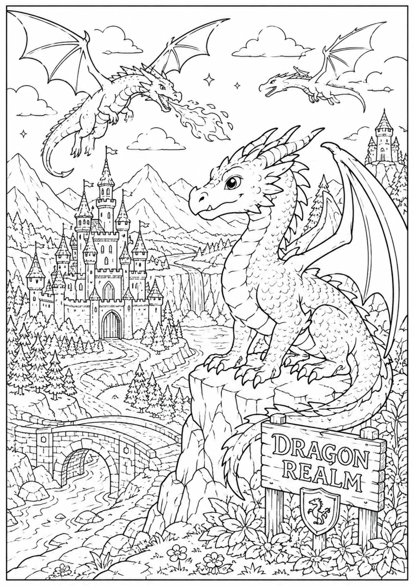 Cute dragon overlooking a fantasy kingdom with castles, mountains, and flying dragons in a fun A4 coloring page design.