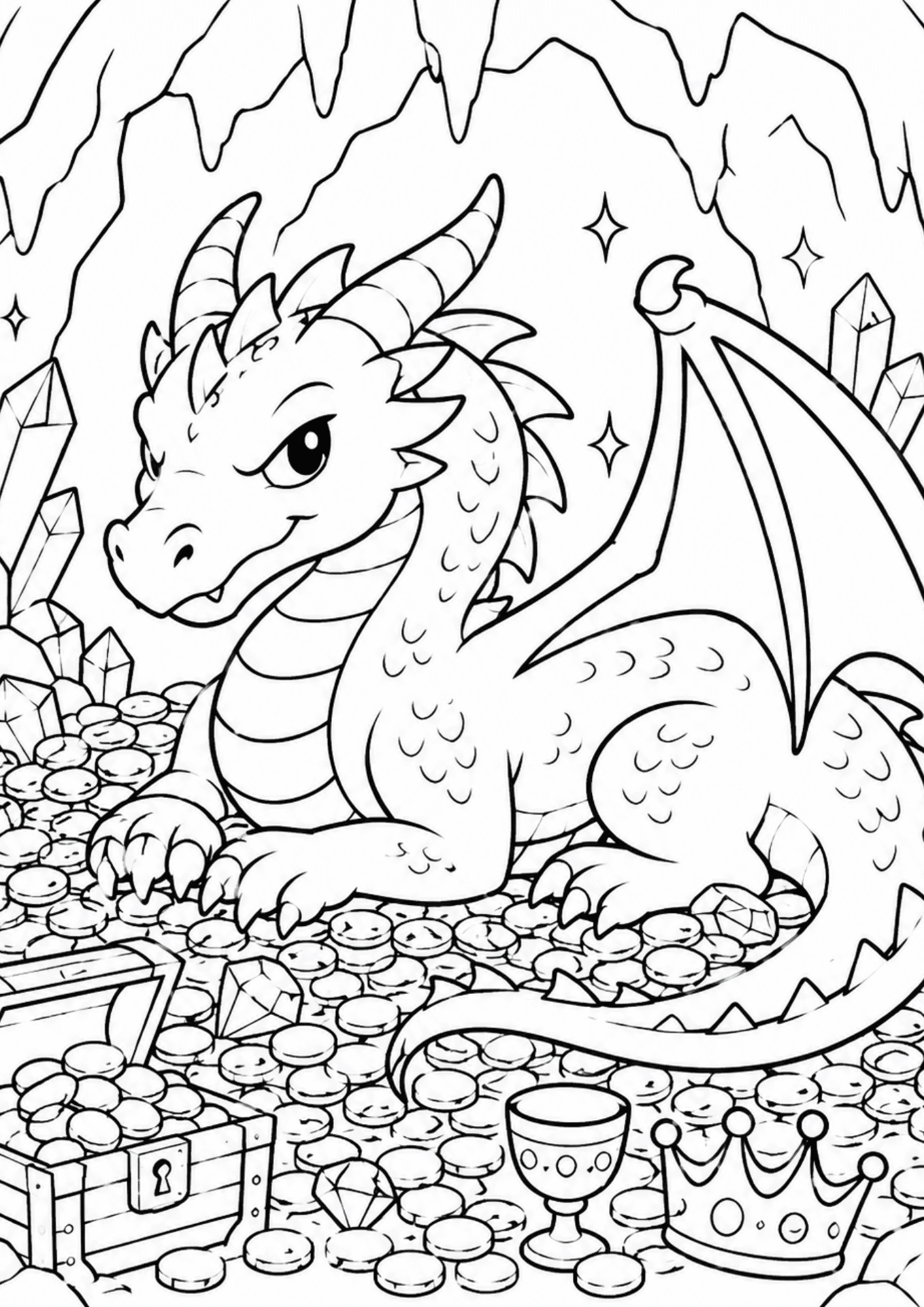 Cute dragon sitting in a treasure cave with coins and crystals, bold black outlines, fun kids coloring page.