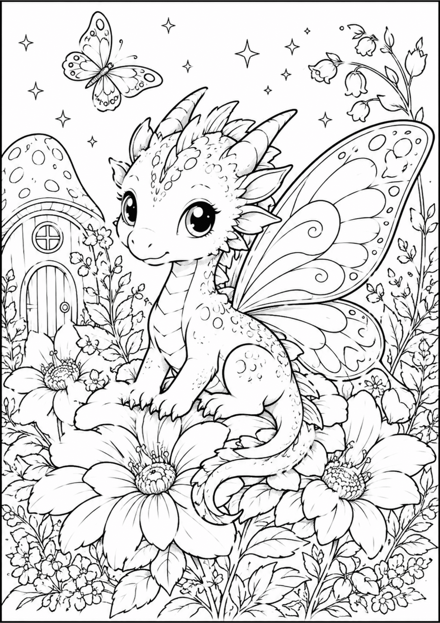 Cute fairy dragon with butterfly wings sitting on flowers in a magical fantasy garden coloring page with black line art.