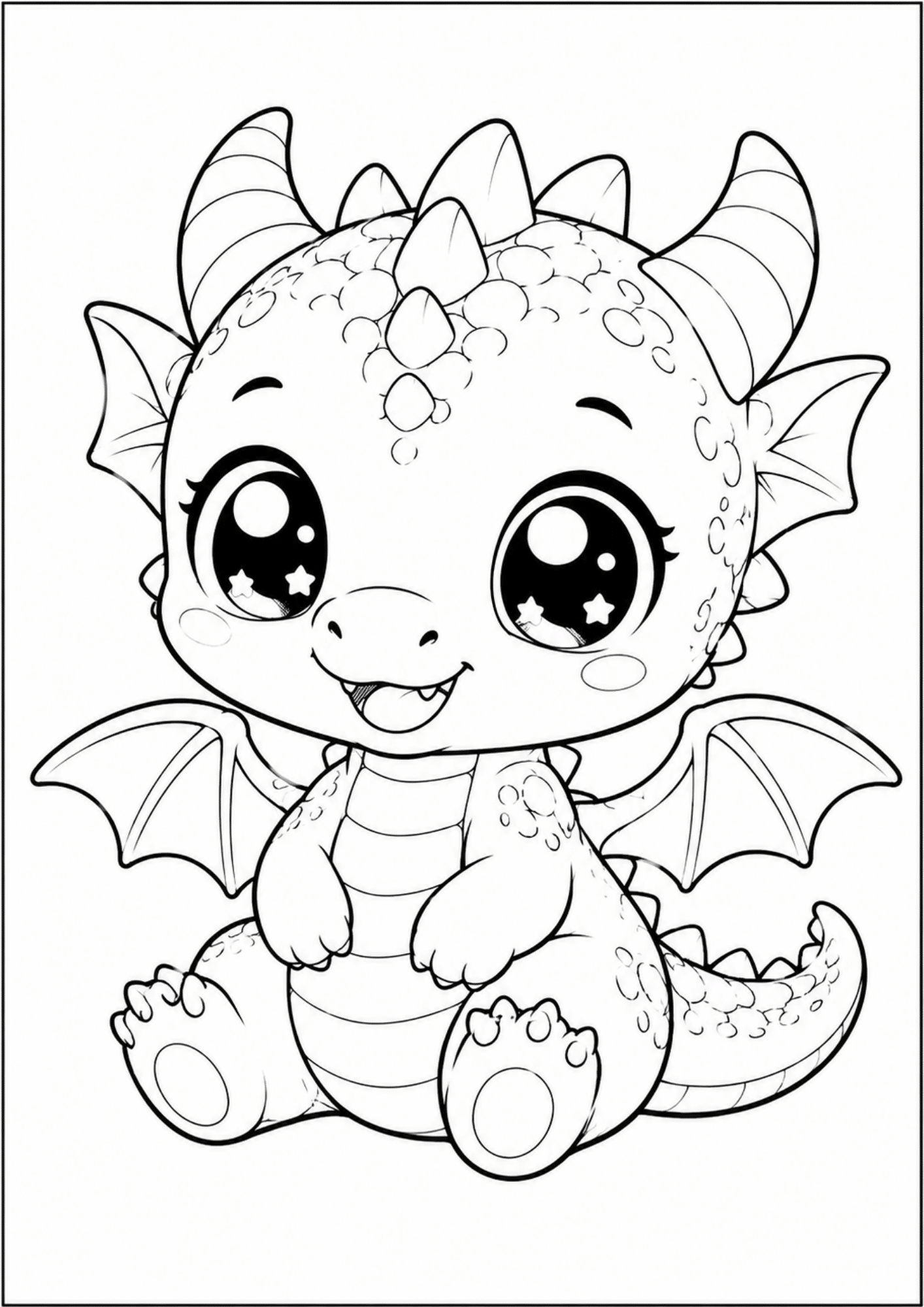 Cute kawaii baby dragon coloring page with sparkling eyes, tiny wings, and chibi cartoon style.