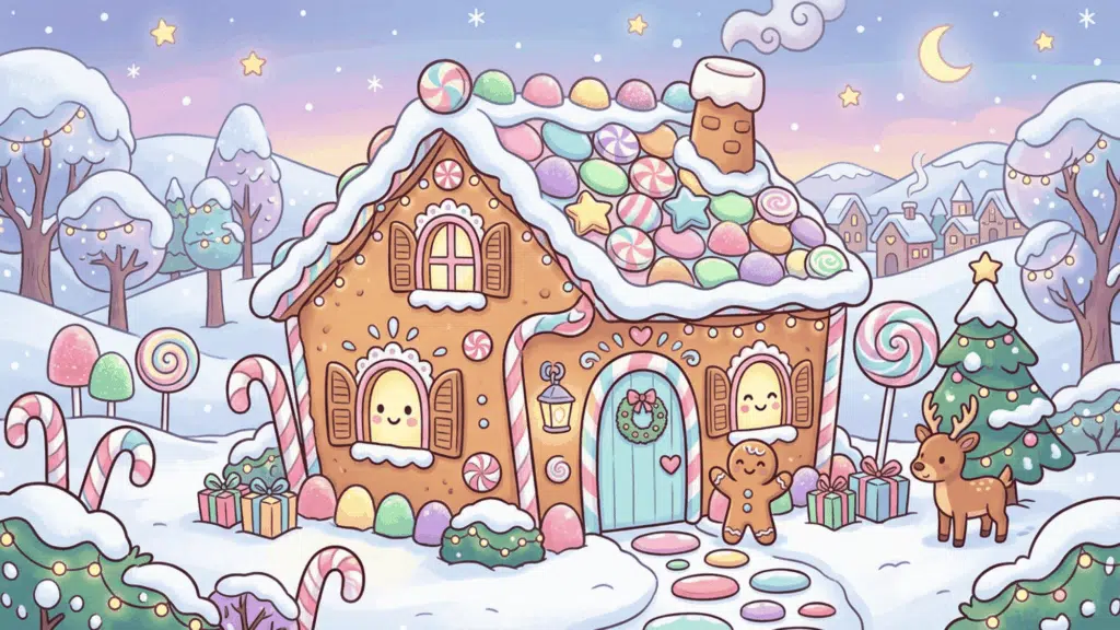 cute pastel gingerbread house drawing with candy details, snowy hills, and holiday characters
