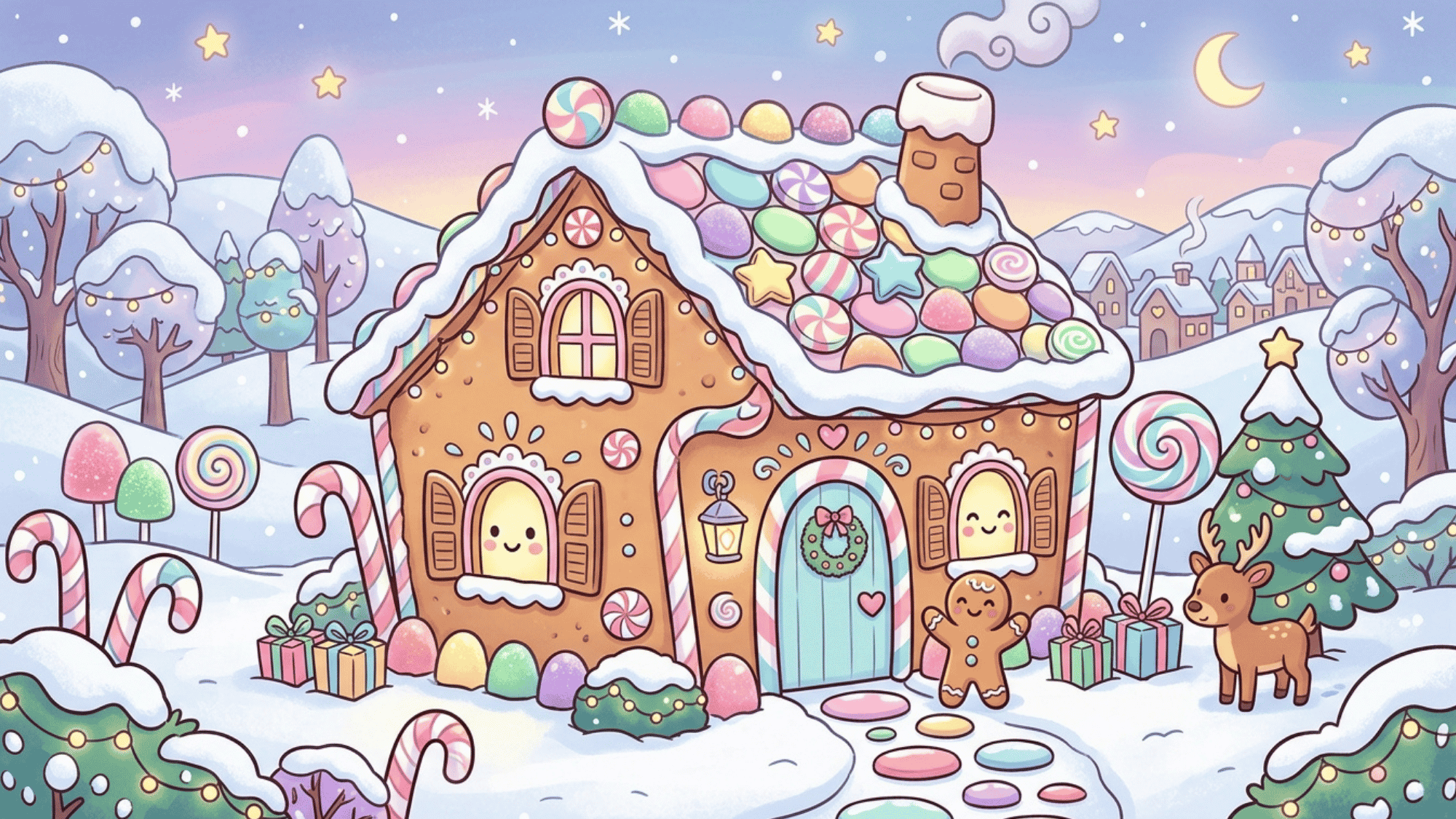 cute pastel gingerbread house drawing with candy details, snowy hills, and holiday characters