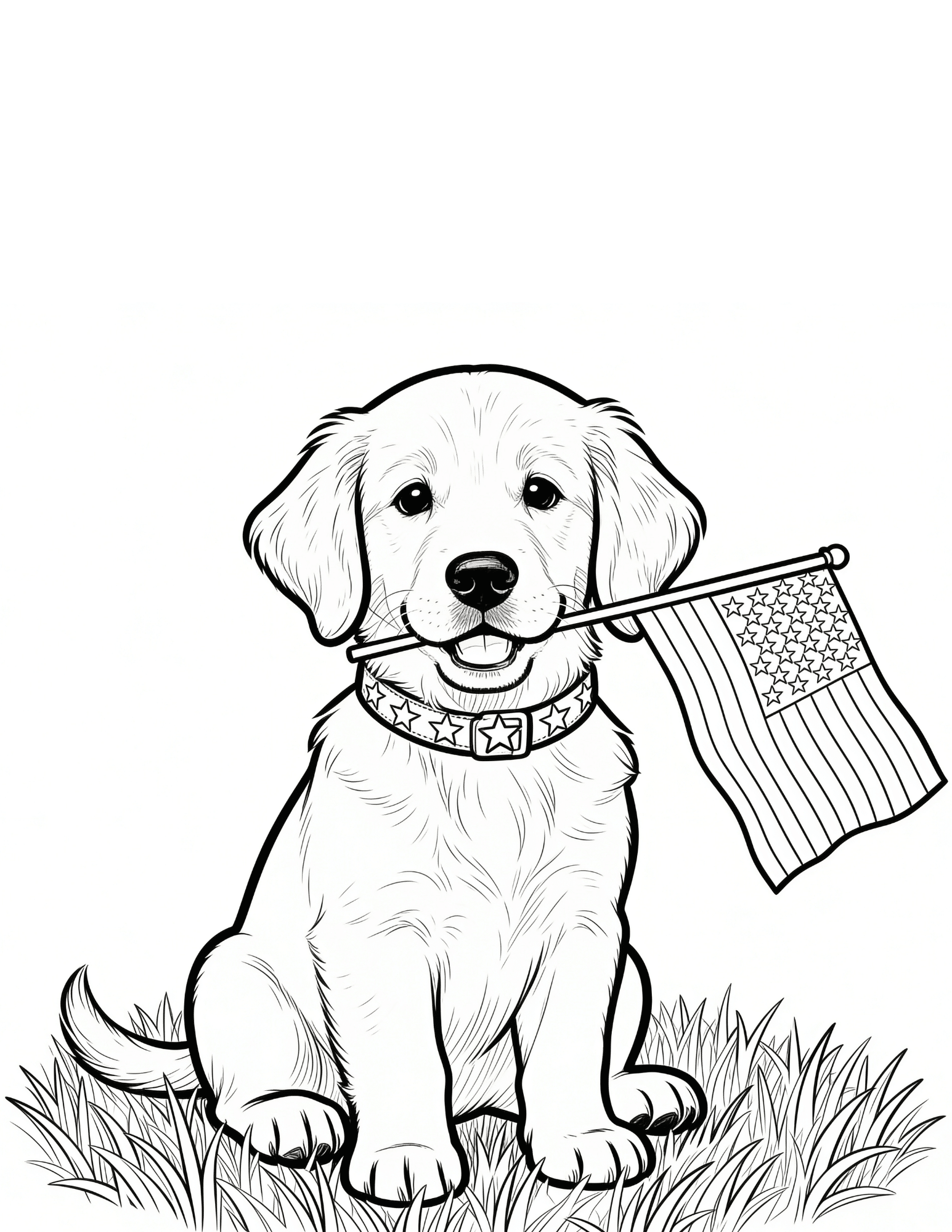 cute patriotic puppy holding american flag black outline coloring page for fourth of july fun