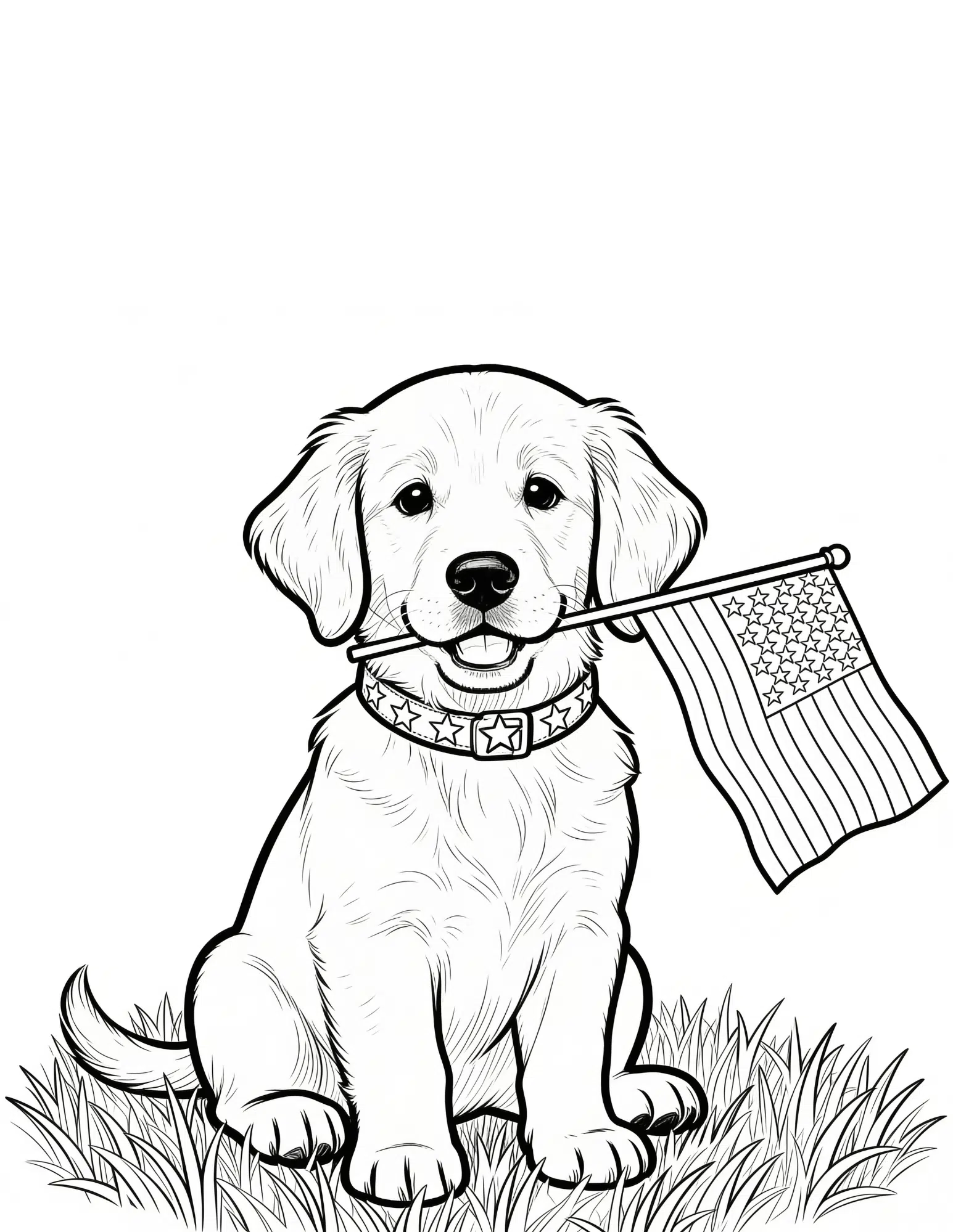 cute patriotic puppy holding american flag black outline coloring page for fourth of july fun
