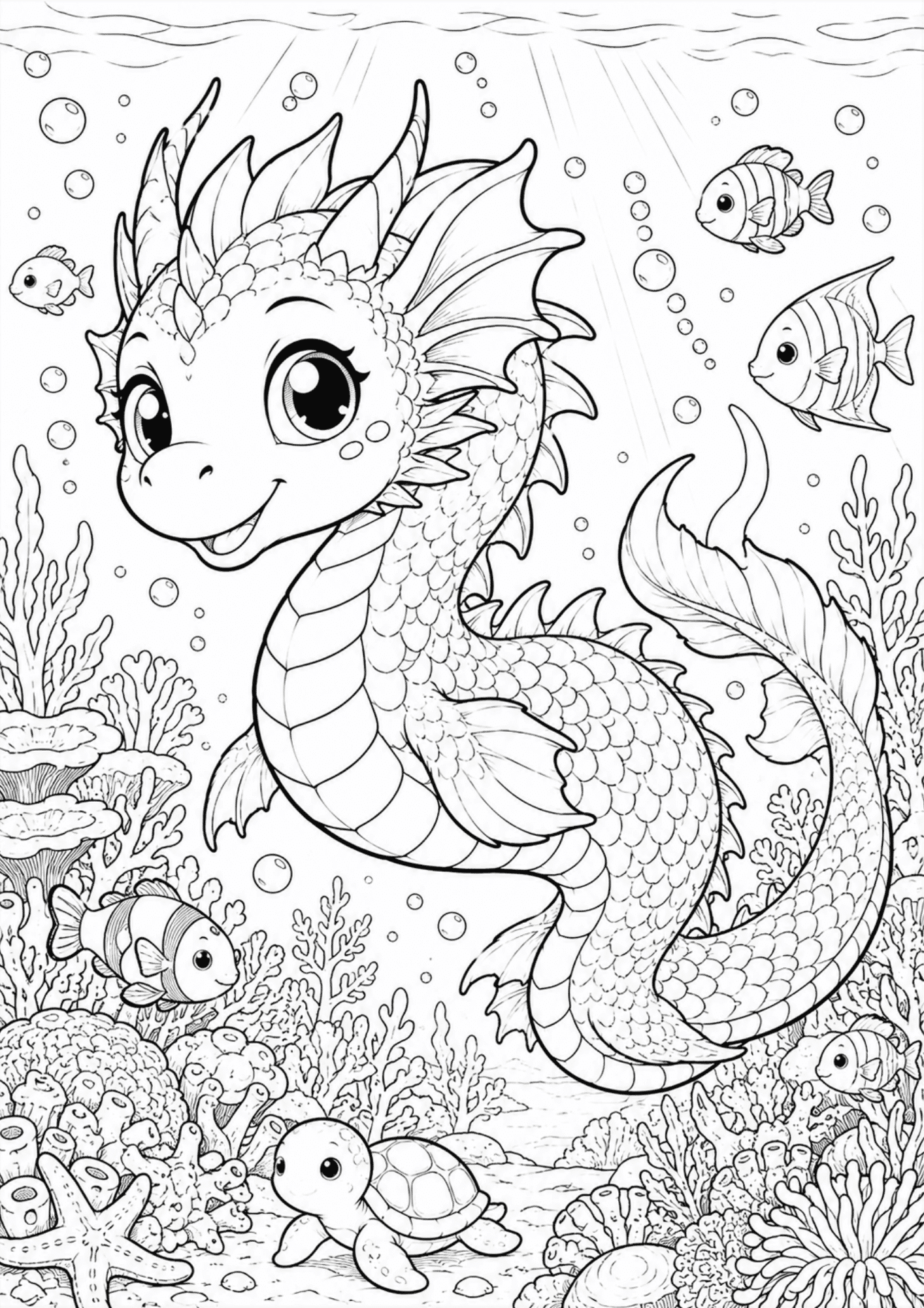 Cute sea dragon swimming underwater with fish, coral reefs, bubbles, and ocean plants in a magical fantasy scene.