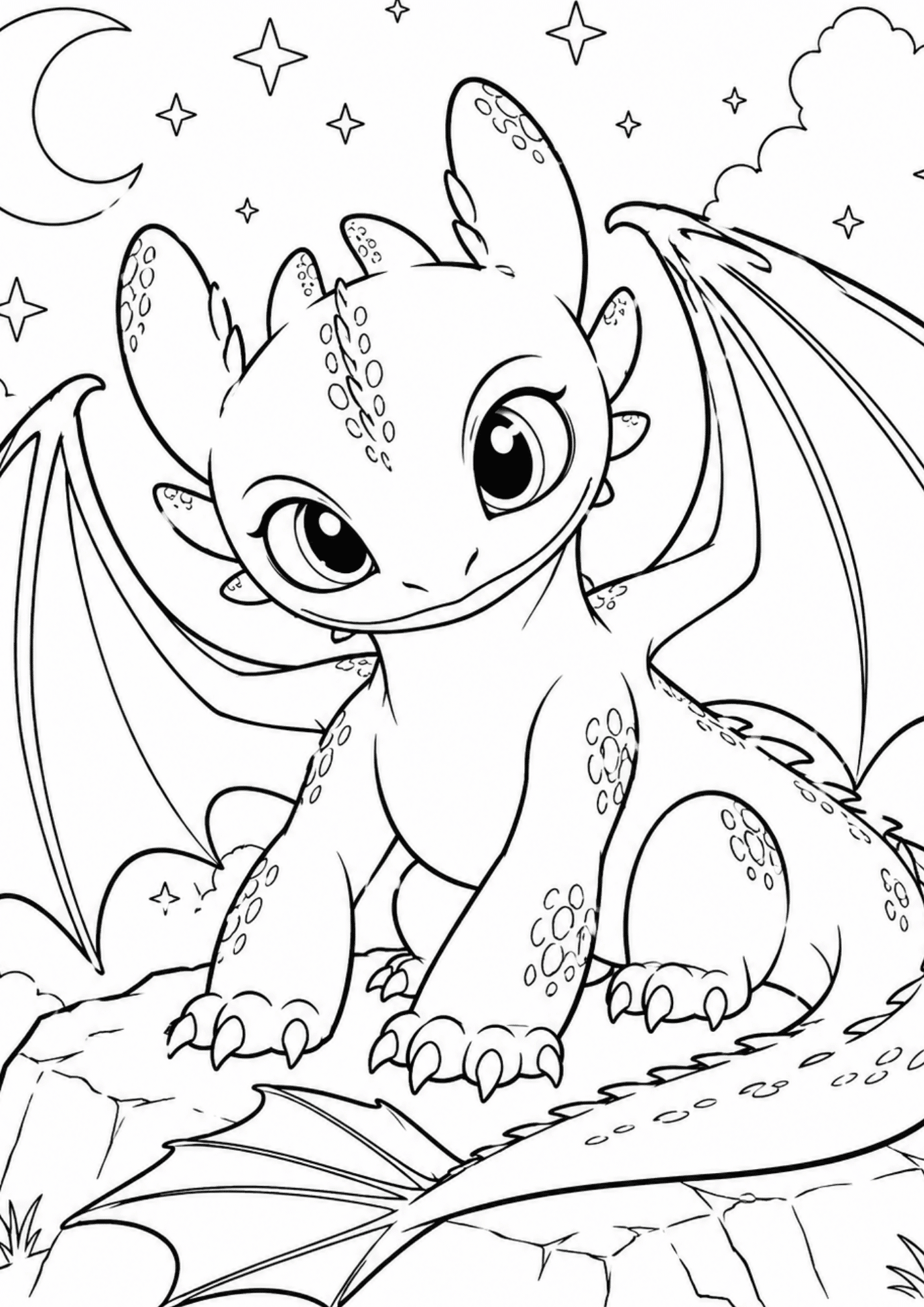 Cute sleek night dragon with big glowing eyes and playful pose, bold black outlines, printable fantasy coloring page.