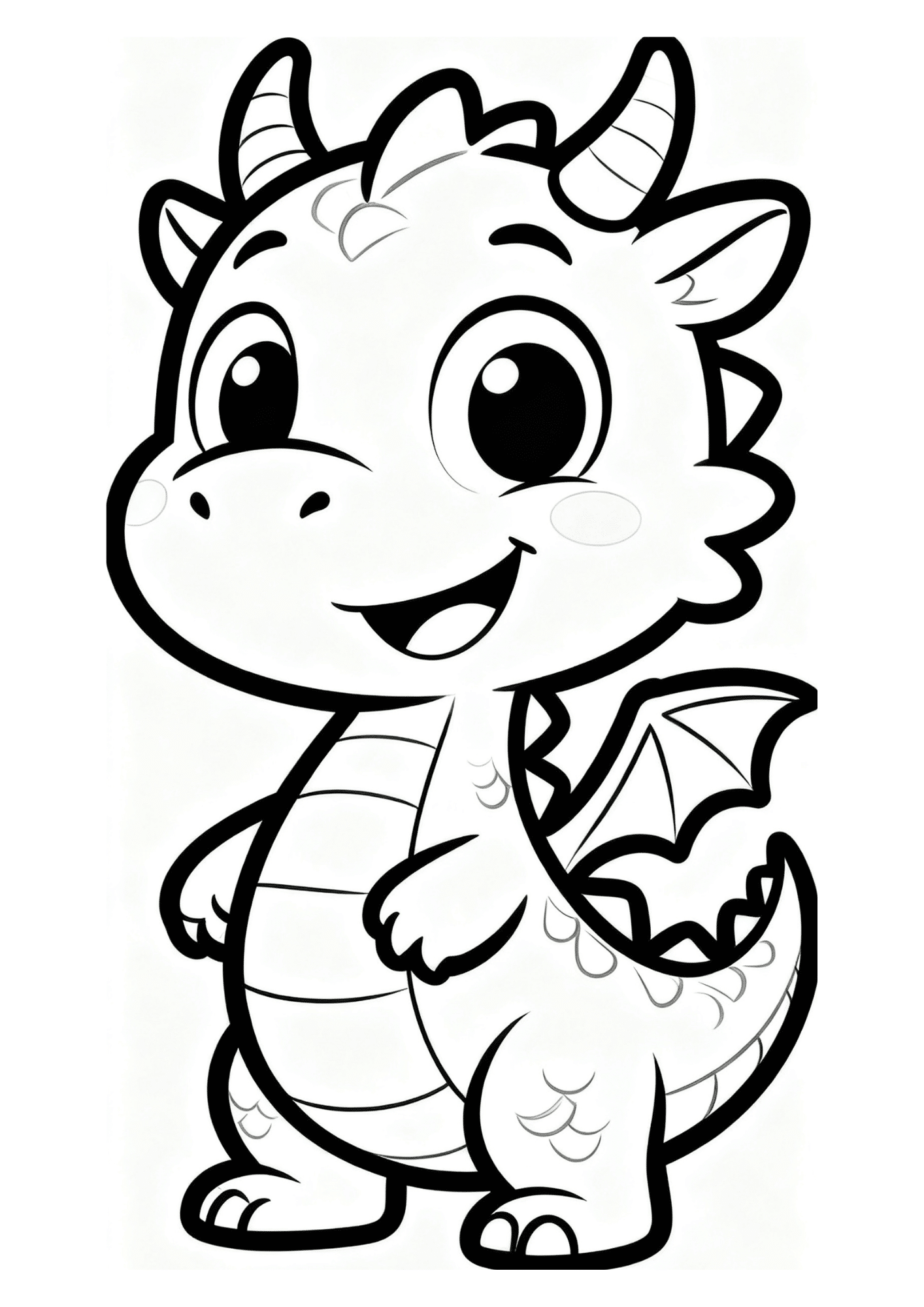 Cute smiling baby dragon with tiny wings, big eyes, and horns in a simple black and white coloring page design
