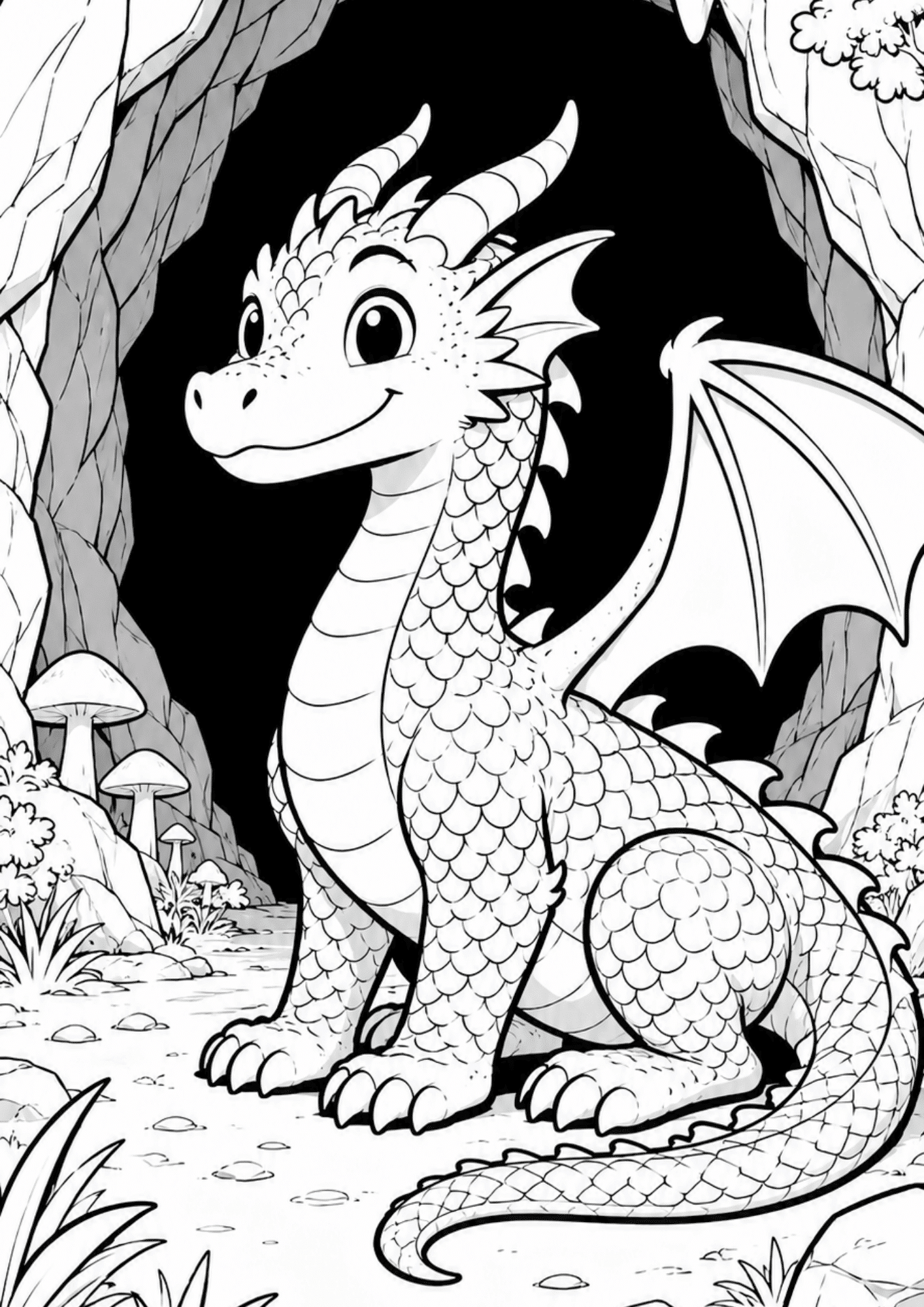 Cute smiling dragon with detailed scales and wings sitting outside a dark cave in a fantasy coloring page scene