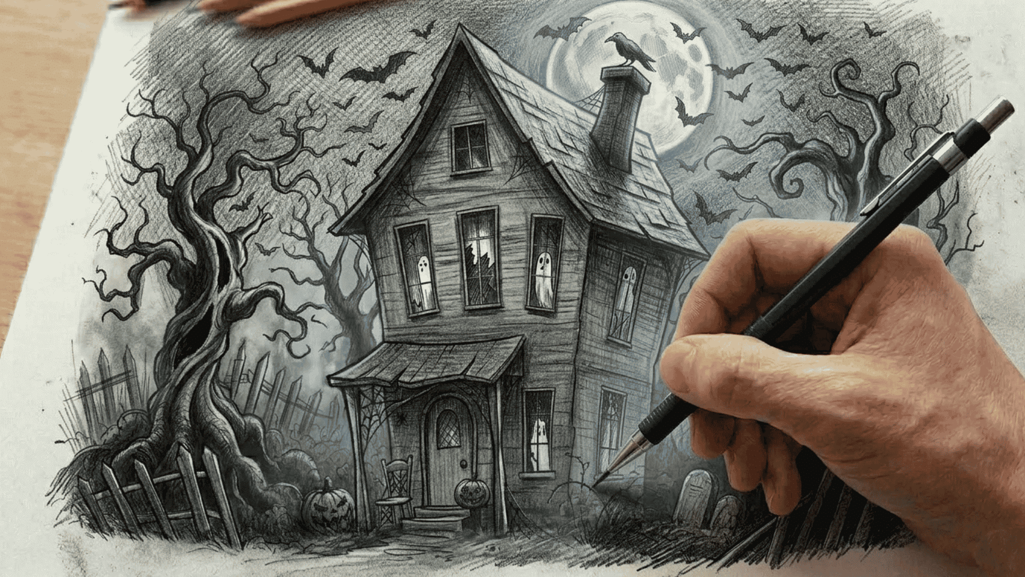 realistic haunted house sketch with dark shading, ghostly details, and spooky night atmosphere.