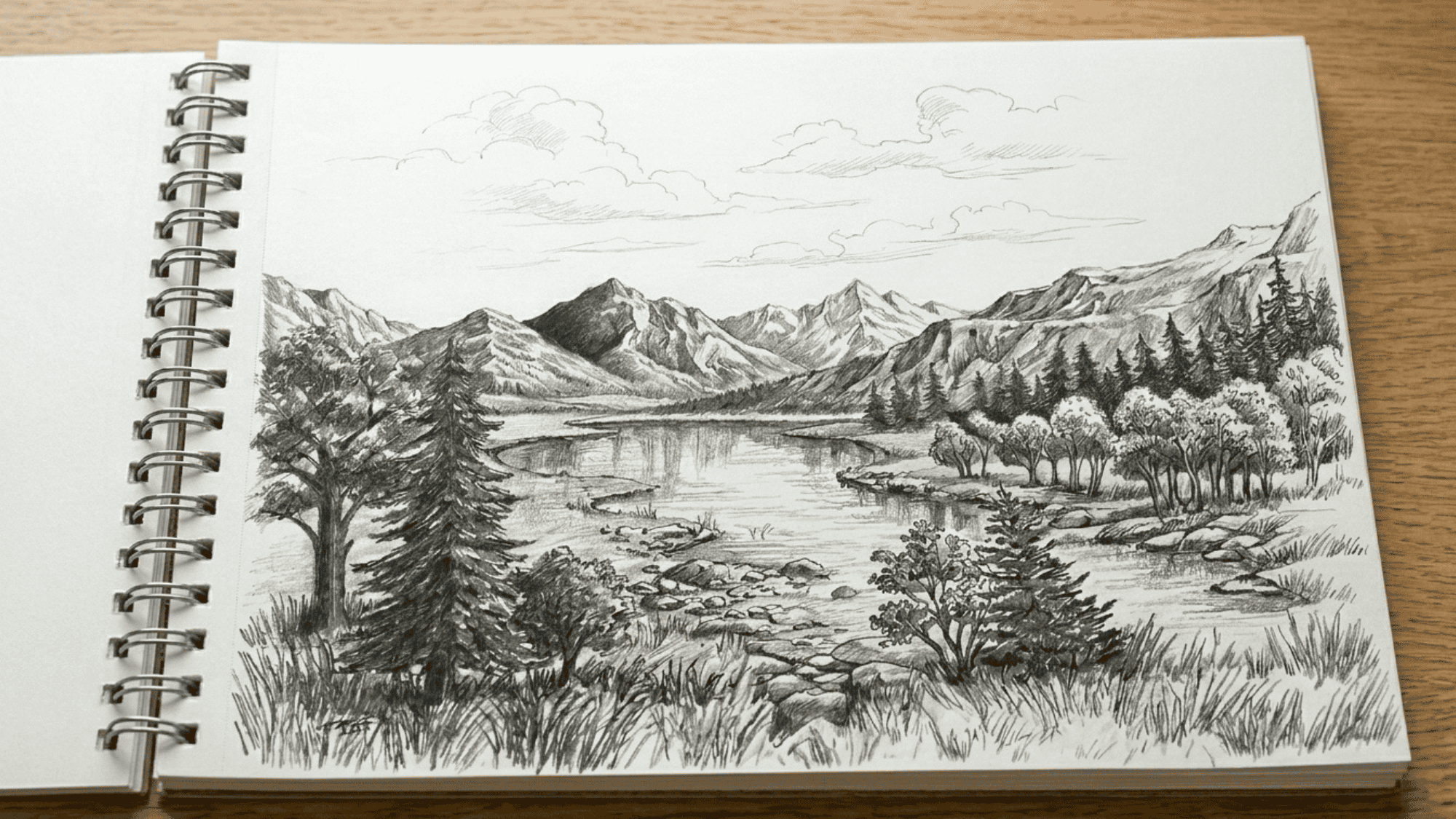 detailed pencil landscape drawing featuring textures, shading, rocks, trees, and water.