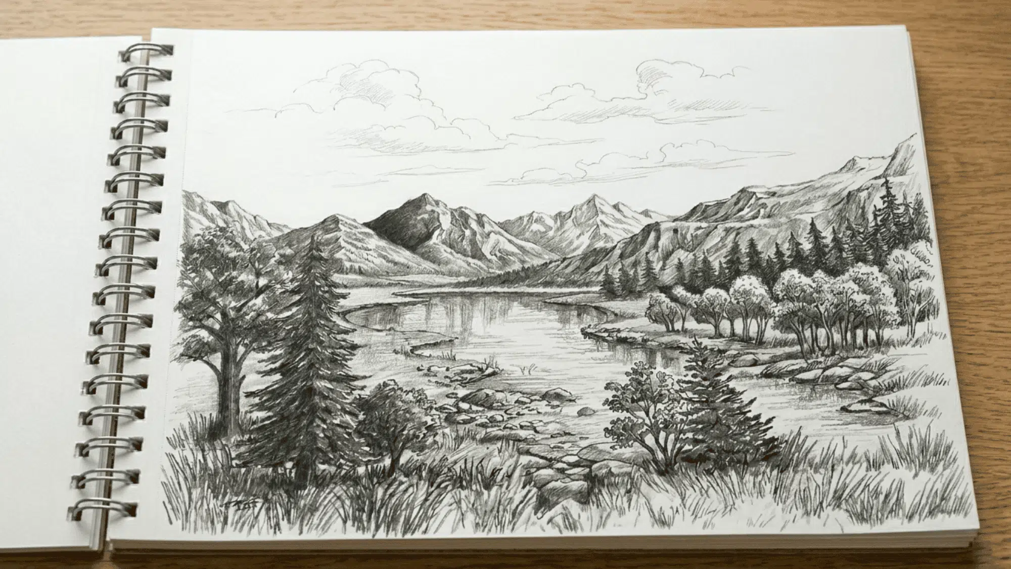 detailed pencil landscape drawing featuring textures, shading, rocks, trees, and water.