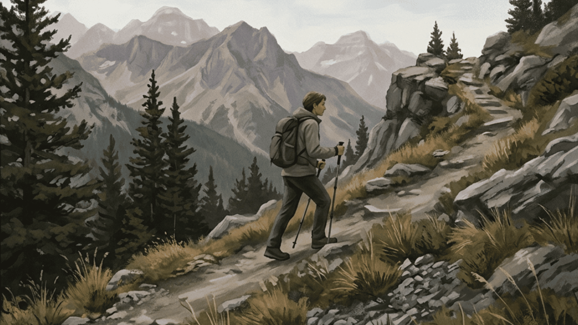 mountain path cutting diagonally across the frame, with a traveler moving upward through the scene