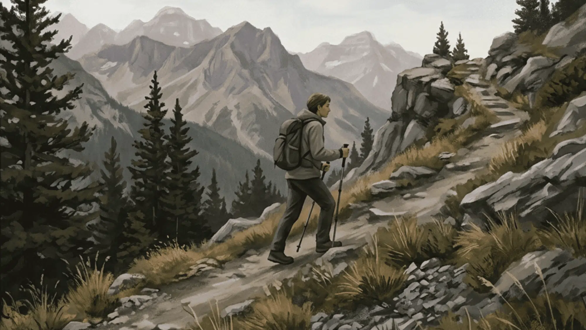 mountain path cutting diagonally across the frame, with a traveler moving upward through the scene
