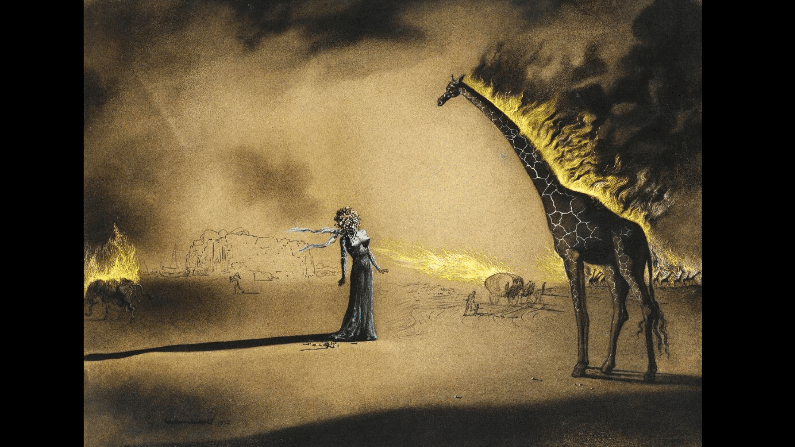 distorted human figures with open drawers and a flaming giraffe in dali's surreal painting about fear and anxiety. (1)