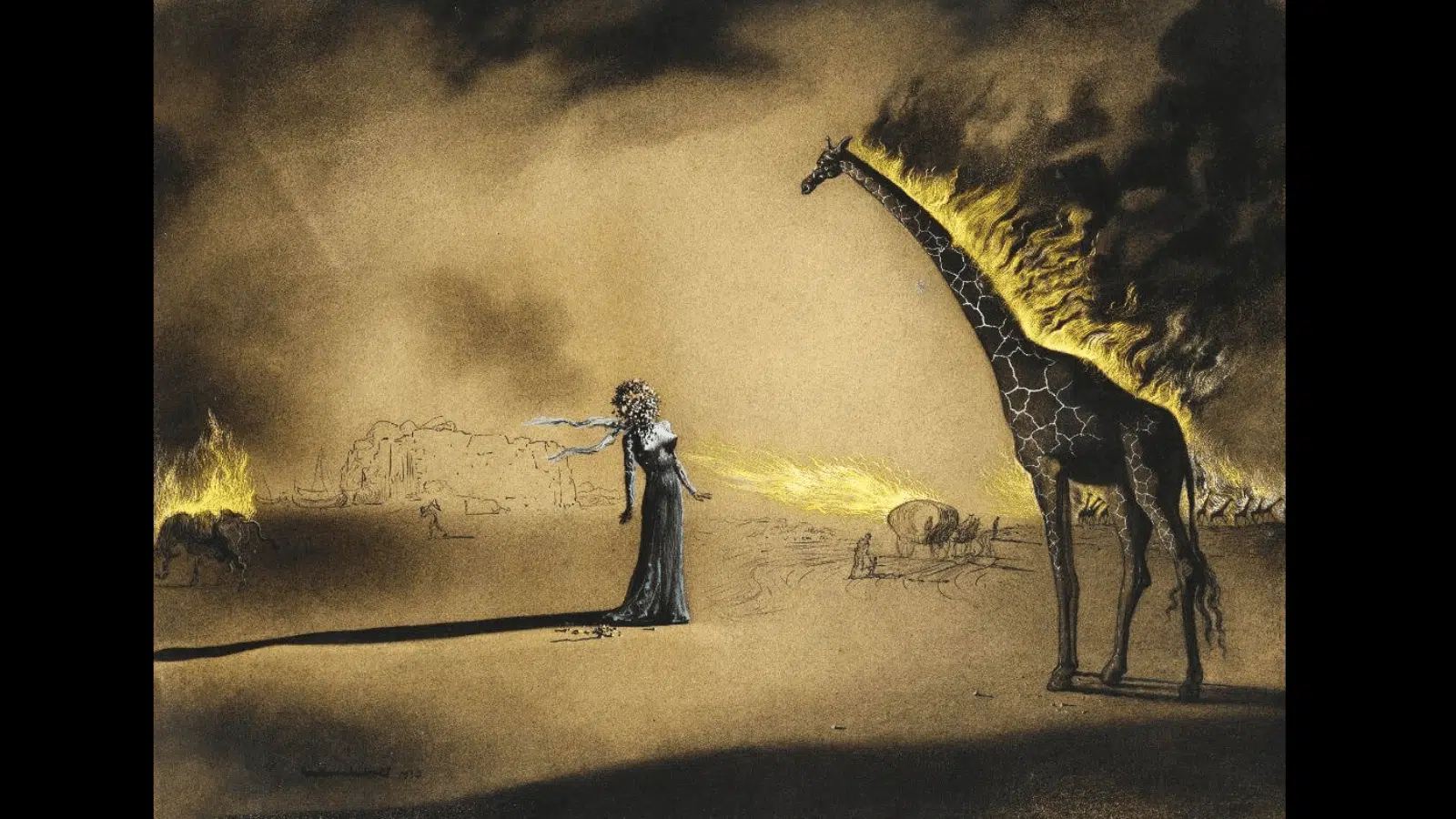 distorted human figures with open drawers and a flaming giraffe in dali's surreal painting about fear and anxiety. (1)