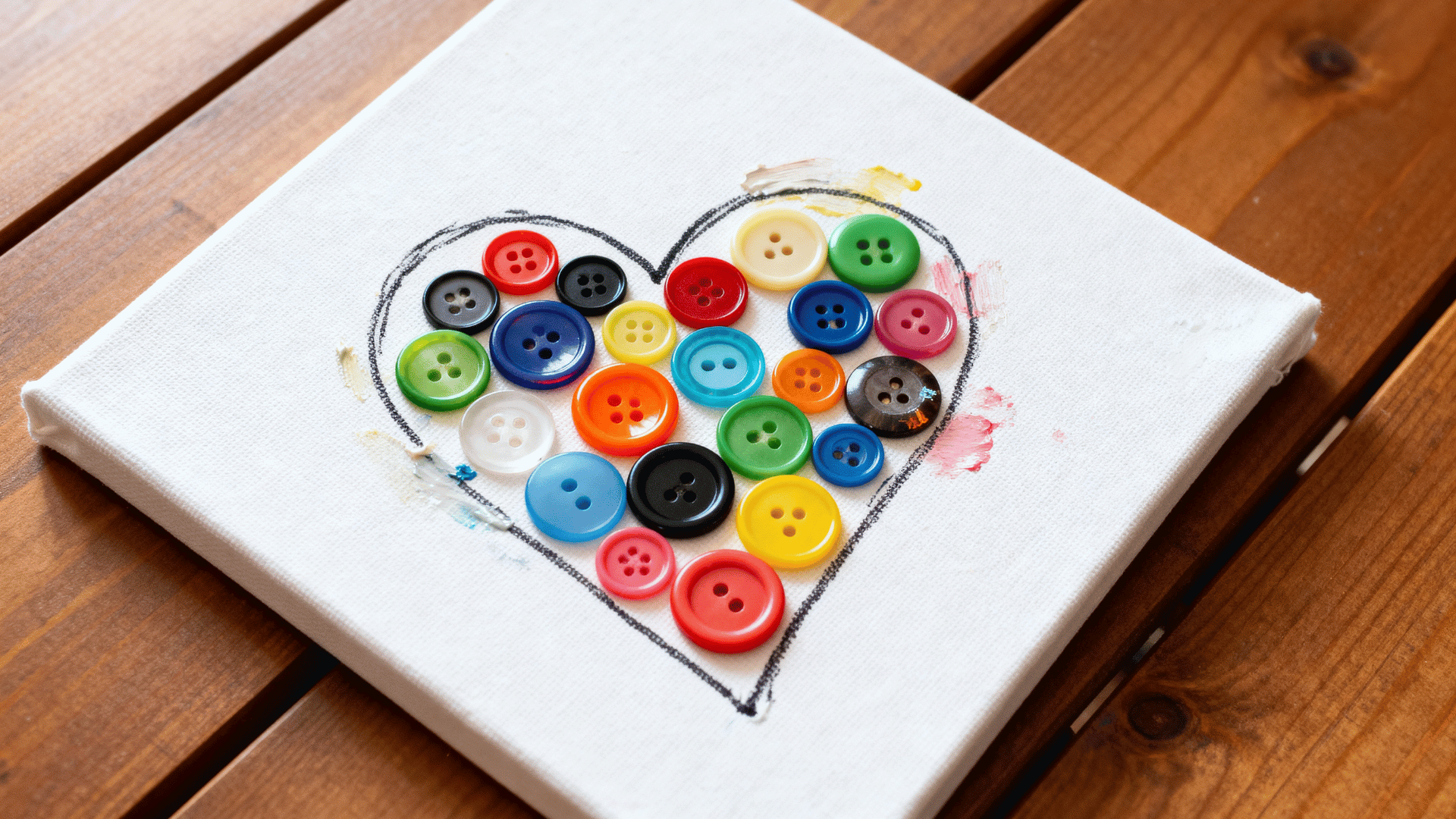handmade button heart canvas craft created by a toddler with colorful buttons.