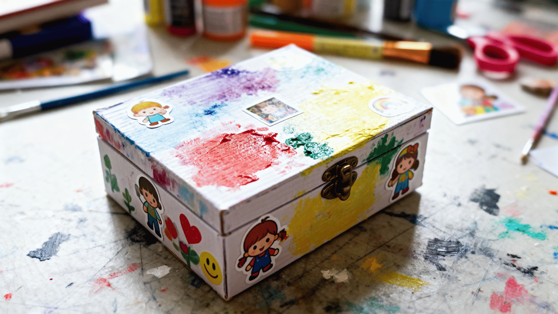 handmade memory box for Dad decorated by a toddler with paint, stickers, and colorful drawings