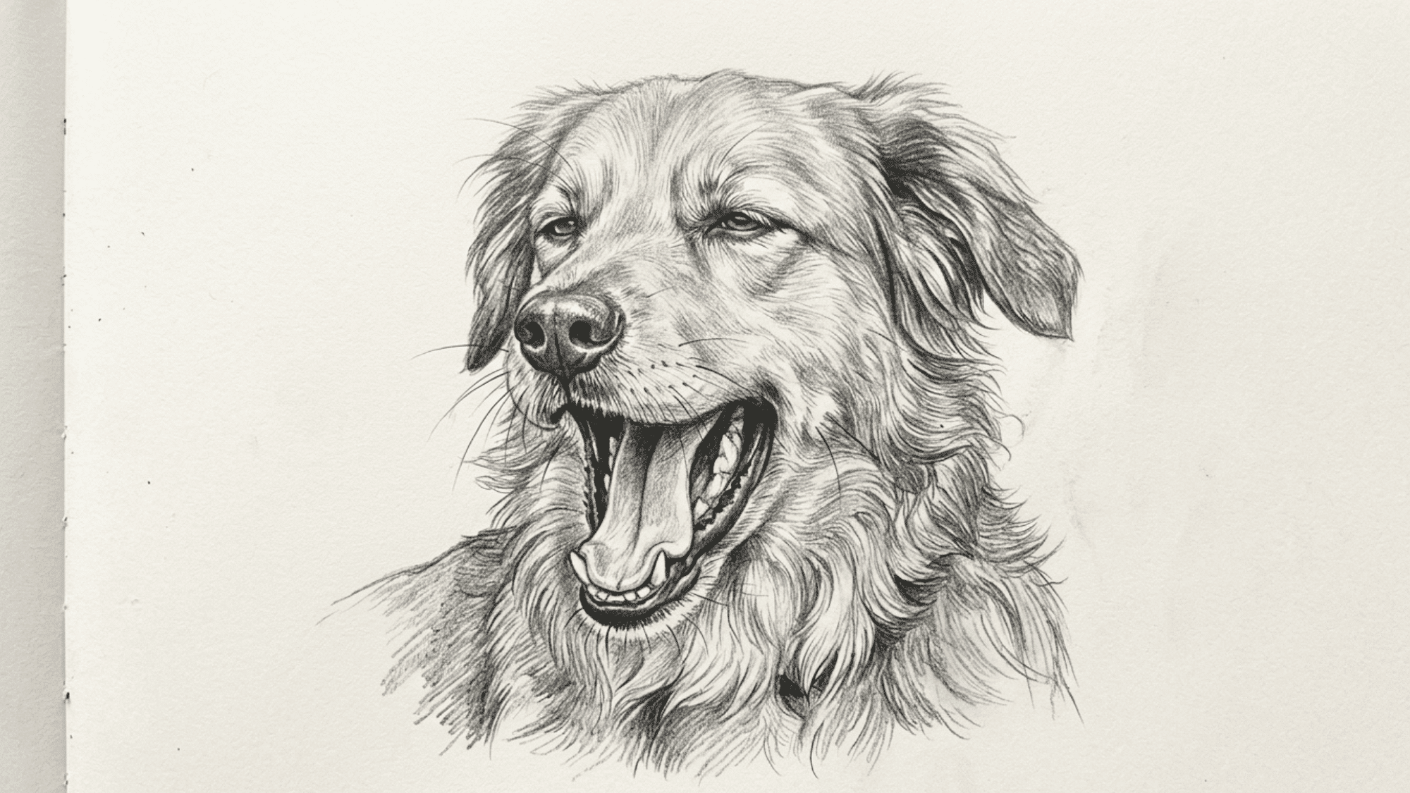 dog mid yawn pencil sketch showing expression fur details and natural pose