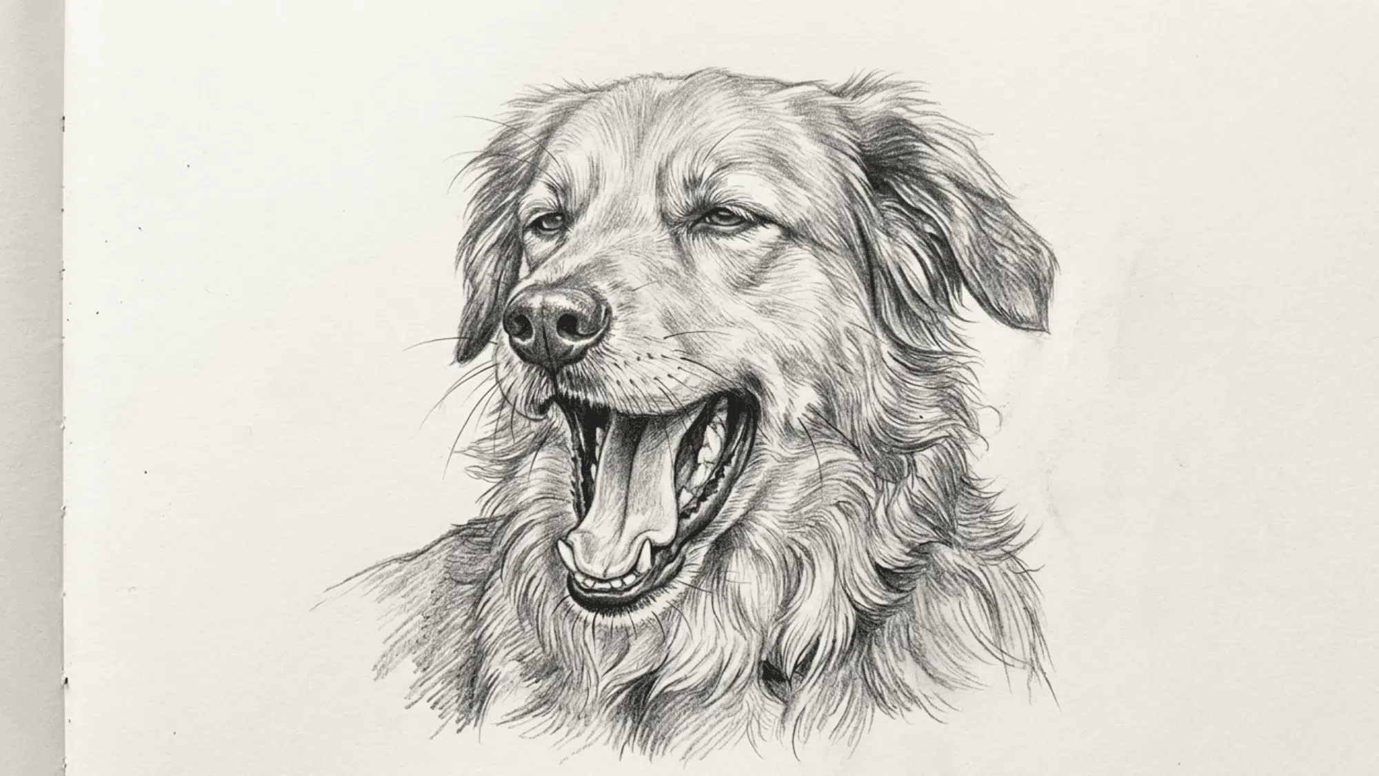 dog mid yawn pencil sketch showing expression fur details and natural pose