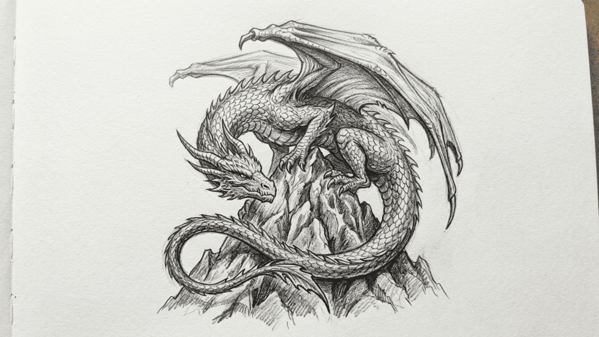 dragon curled around a mountain pencil sketch with scales wings and rocky textures