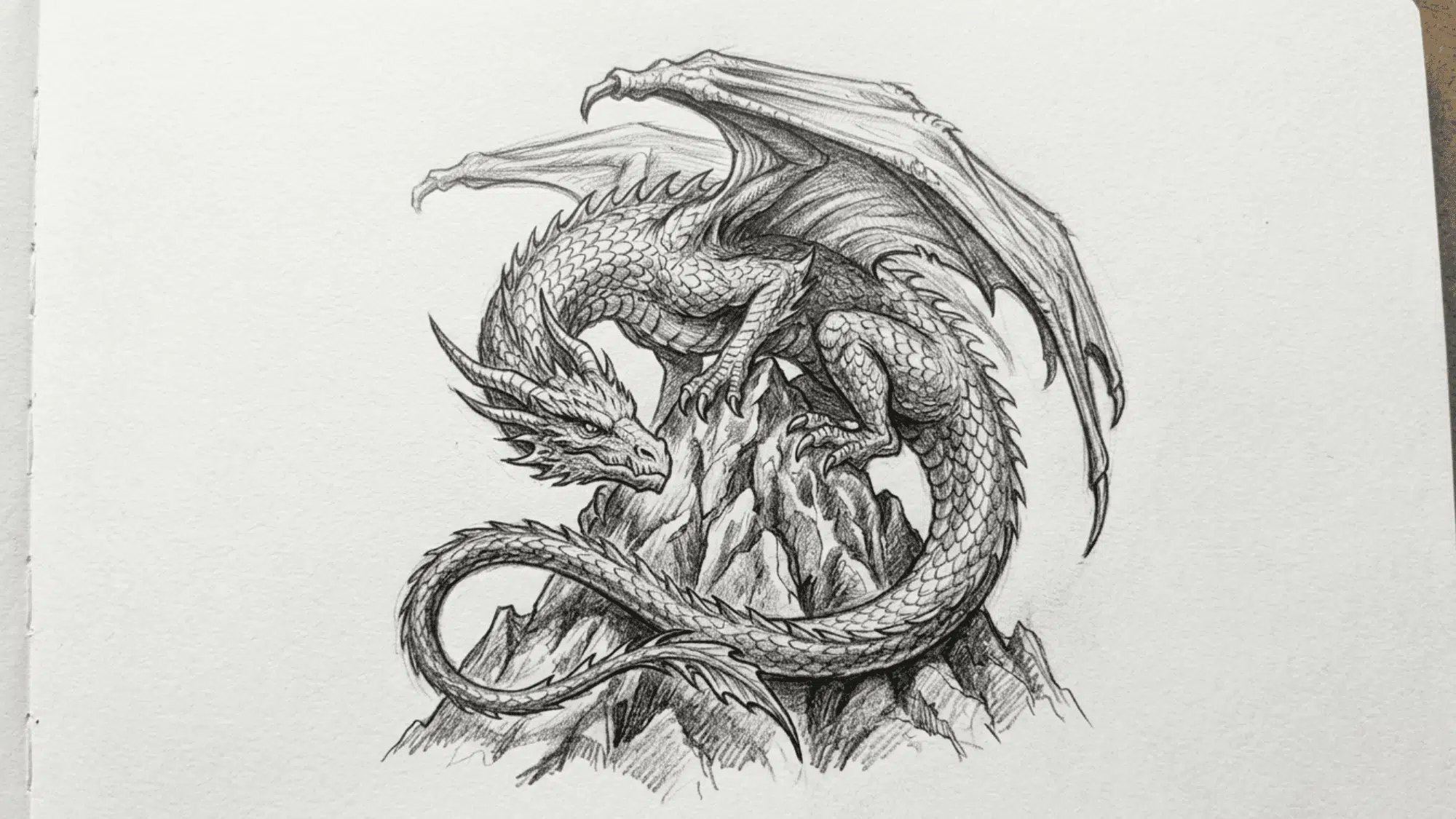 dragon curled around a mountain pencil sketch with scales wings and rocky textures