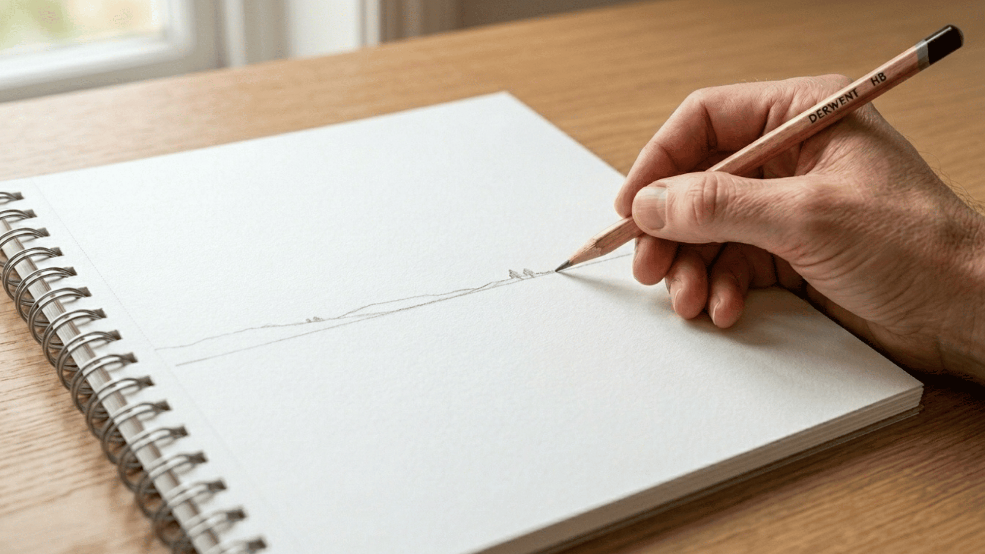 hand drawing a light horizon line in a sketchbook as the first step in landscape drawing.