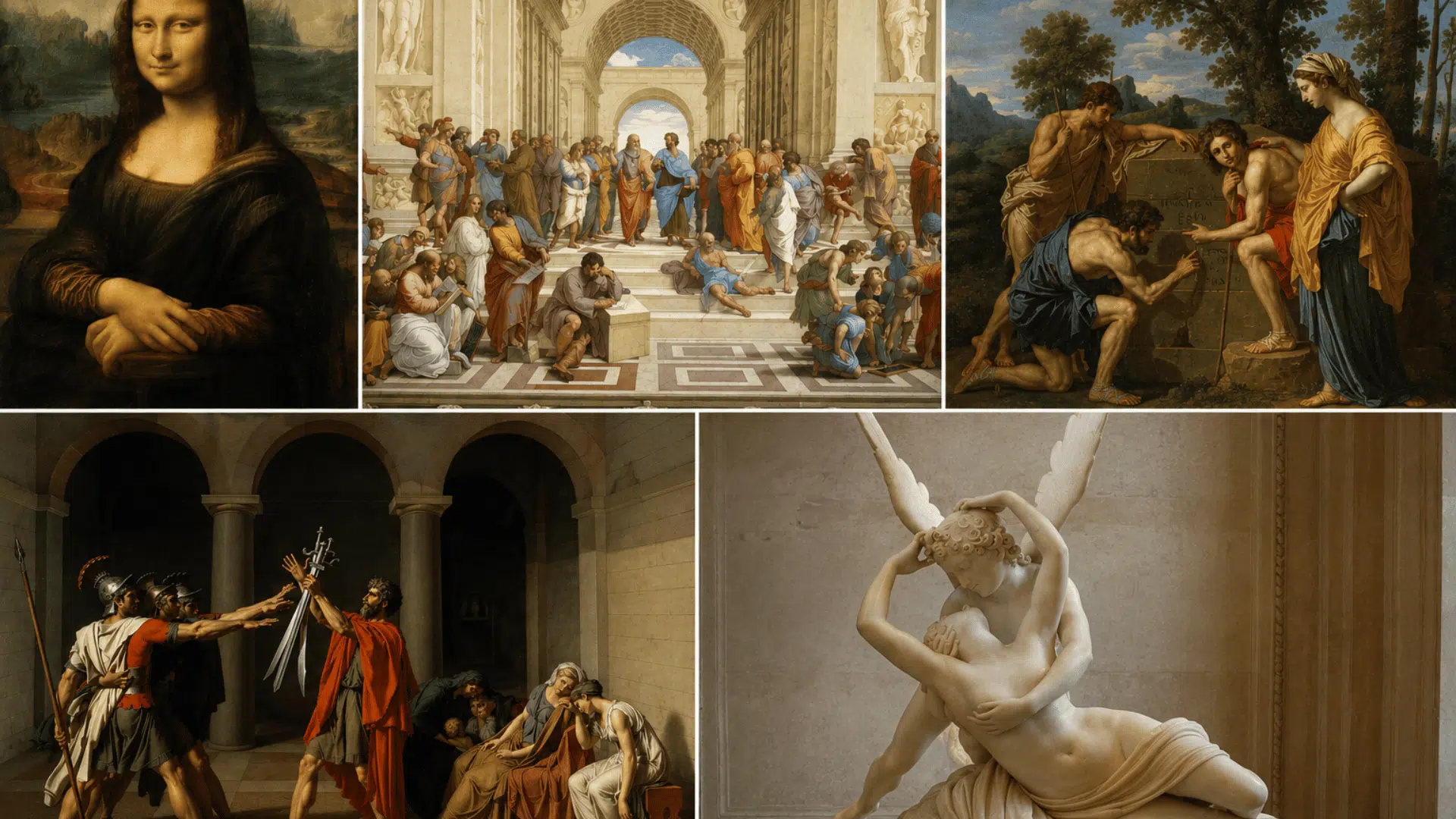 Collage featuring the Mona Lisa, The School of Athens, Oath of the Horatii, Psyche Revived by Cupid’s Kiss, and a classical mythological scene, showcasing key works associated with Classicism and Neoclassicism.