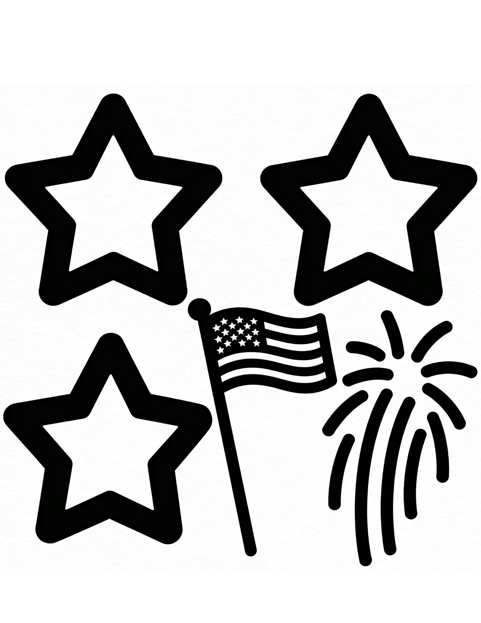 easy fourth of july toddler coloring page with stars flag and fireworks black outline printable art