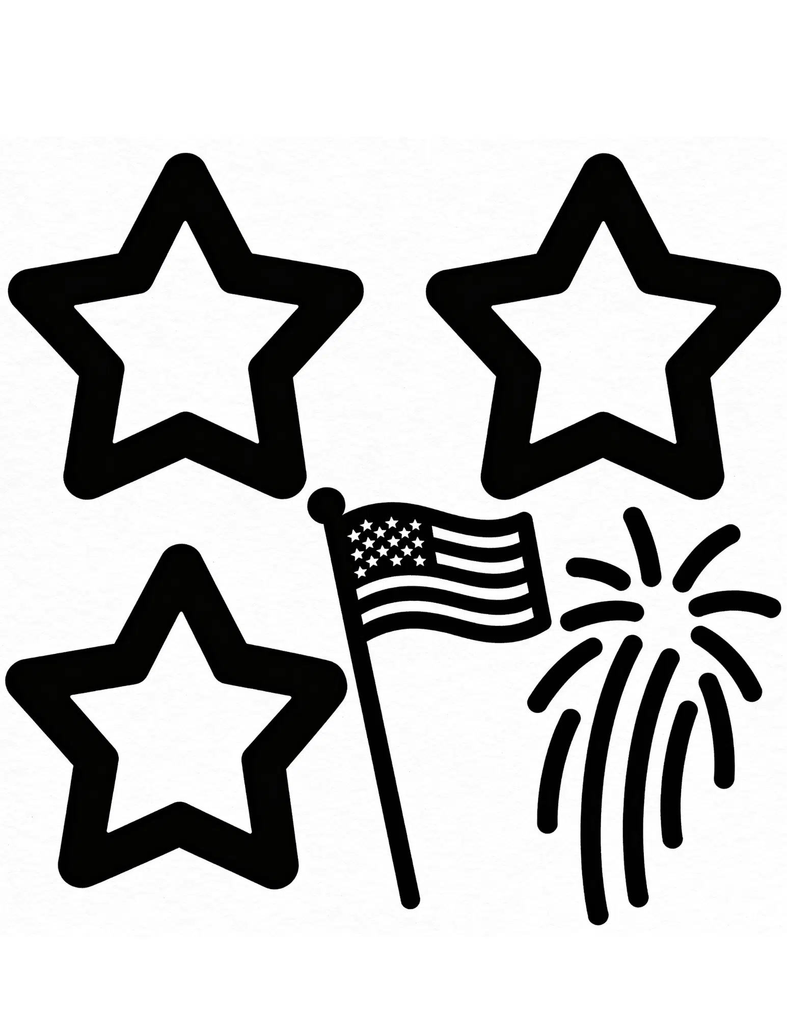 easy fourth of july toddler coloring page with stars flag and fireworks black outline printable art