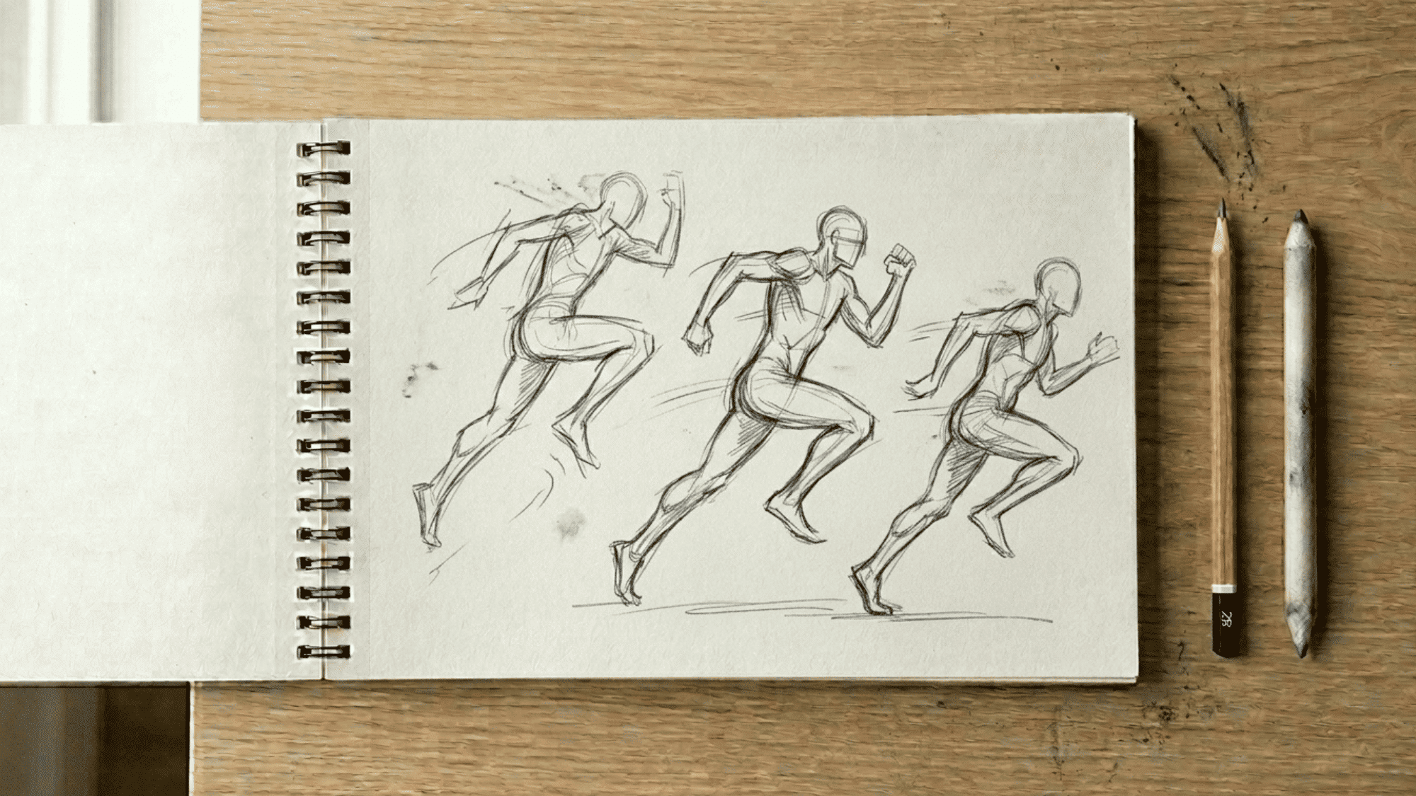 sketchbook on artist desk showing quick gesture sketches of running figures