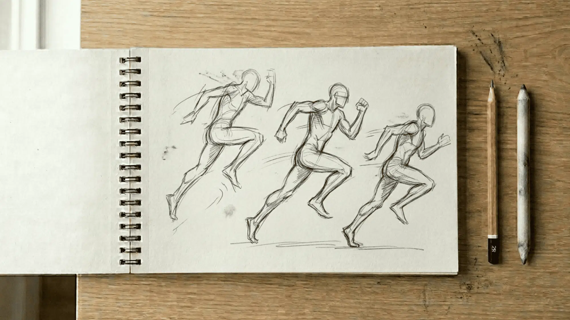 sketchbook on artist desk showing quick gesture sketches of running figures