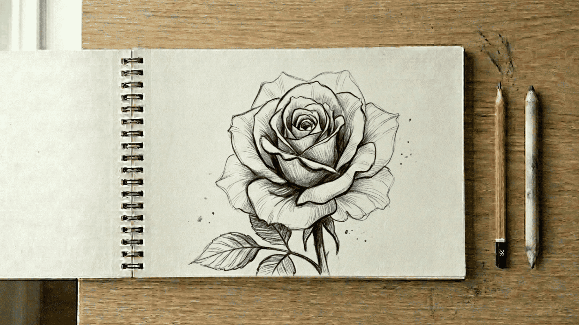 sketchbook on artist desk showing line weight variation in a rose drawing