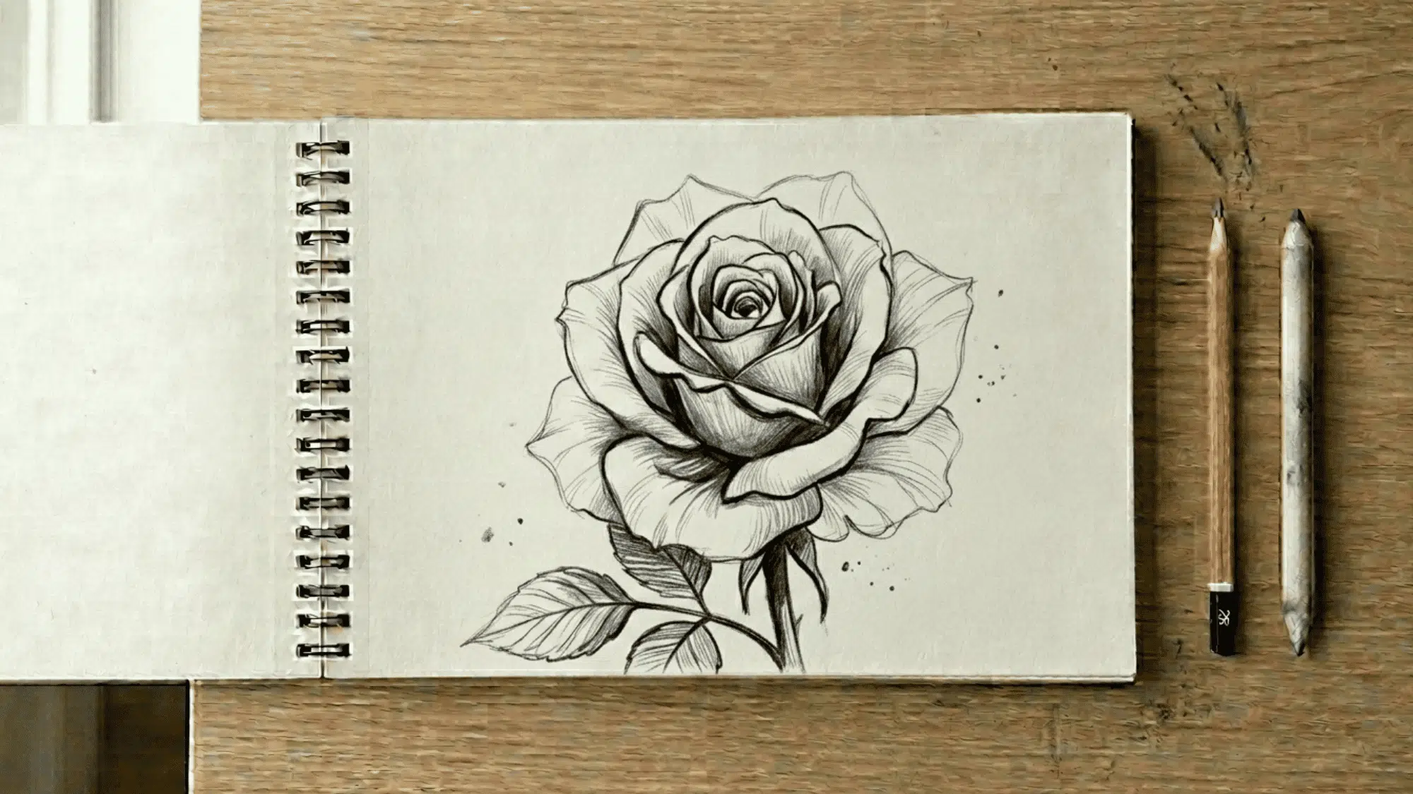 sketchbook on artist desk showing line weight variation in a rose drawing