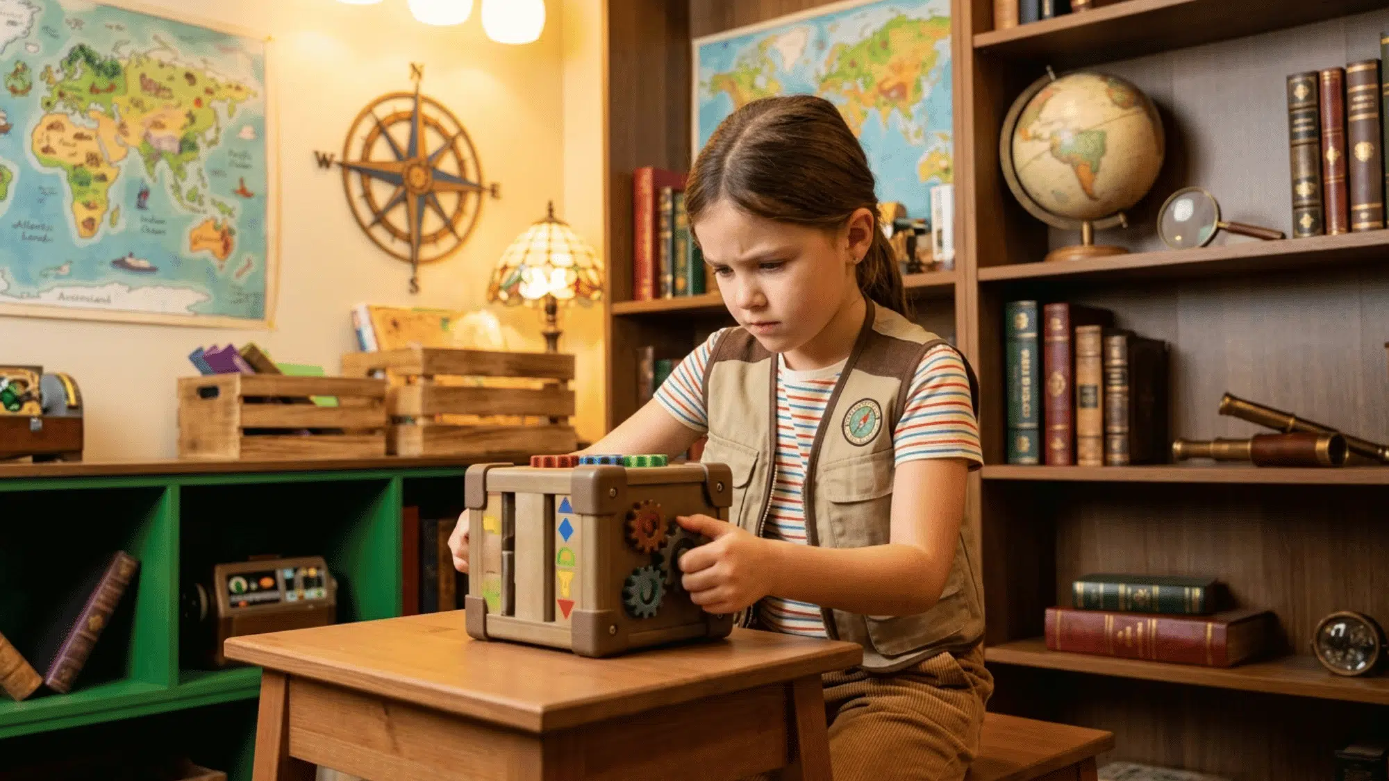 child solves a puzzle box in a map-filled adventure room designed for escape room challenges.