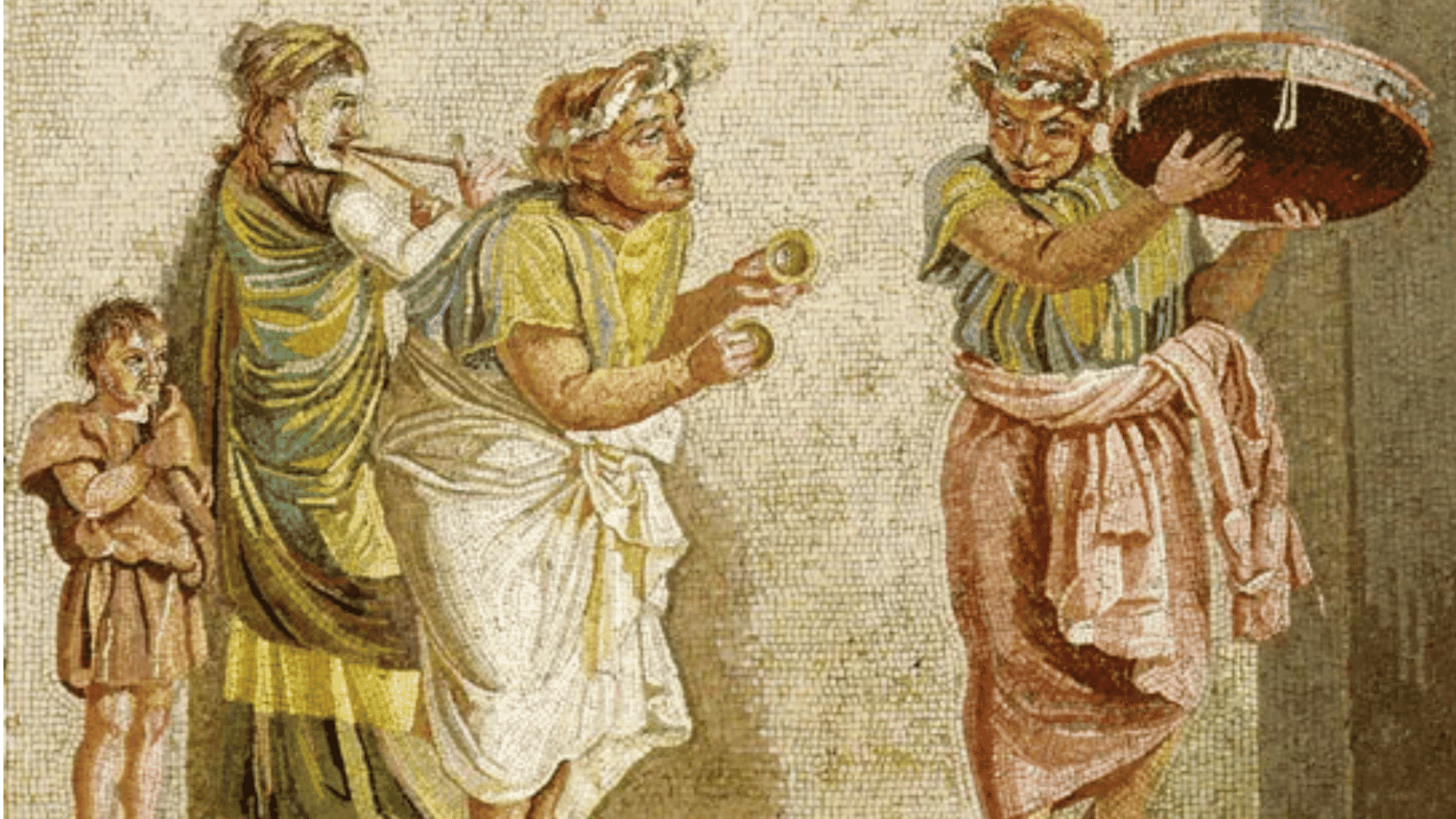 Roman mosaic depicting musicians, performers, and figures in traditional attire during a communal celebration.