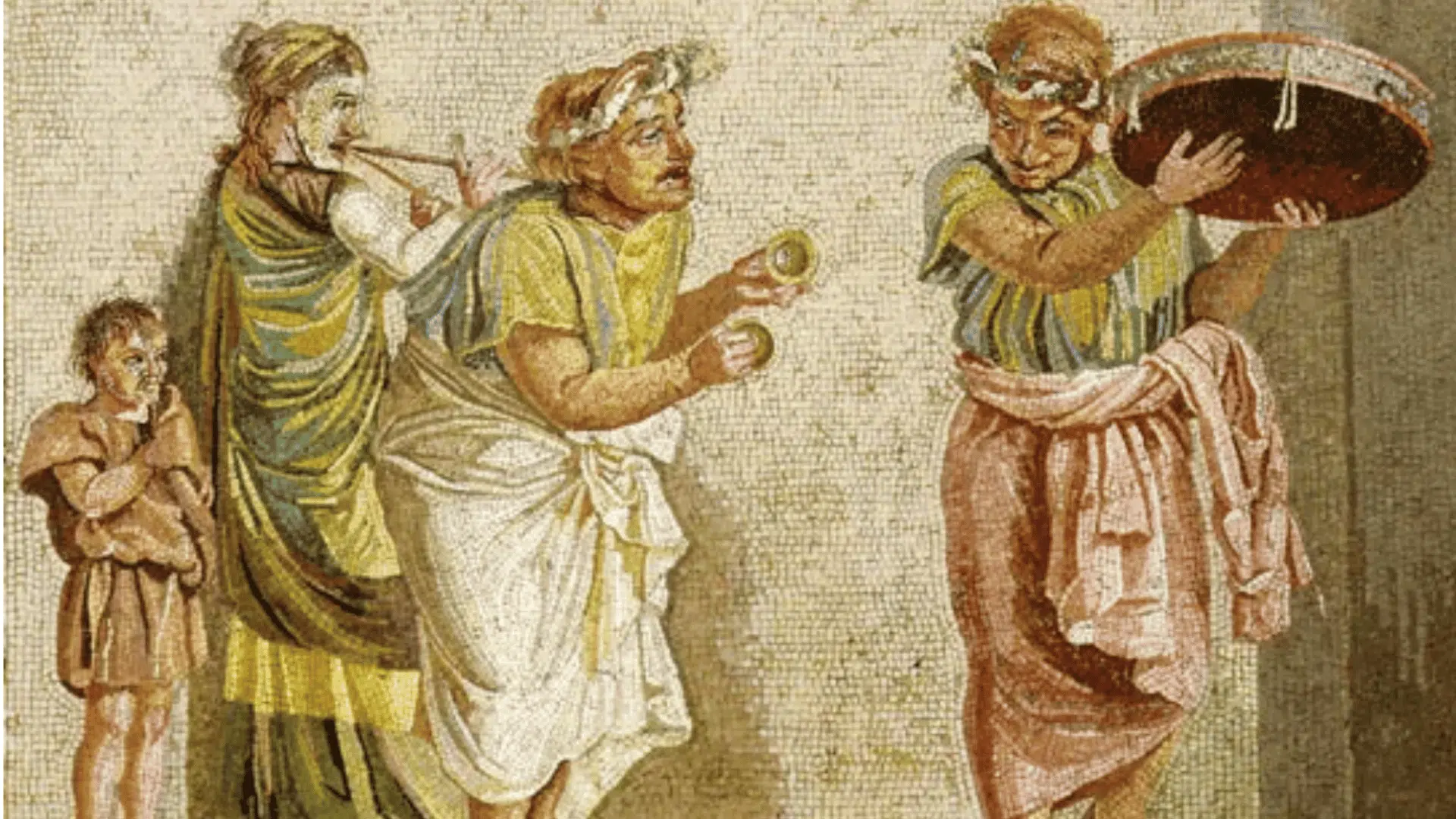 Roman mosaic depicting musicians, performers, and figures in traditional attire during a communal celebration.