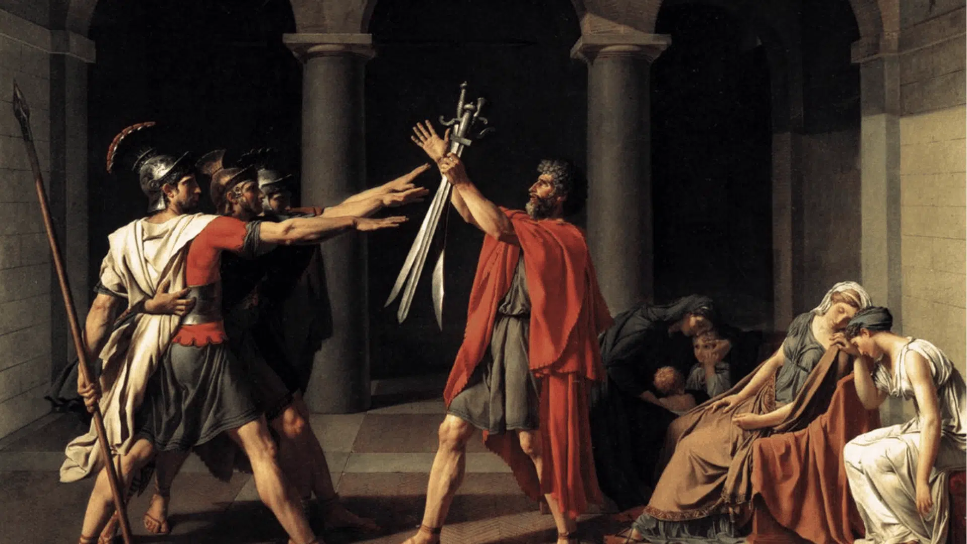 Neoclassical painting showing figures gathered in a stone hall as warriors raise their arms toward a set of swords.