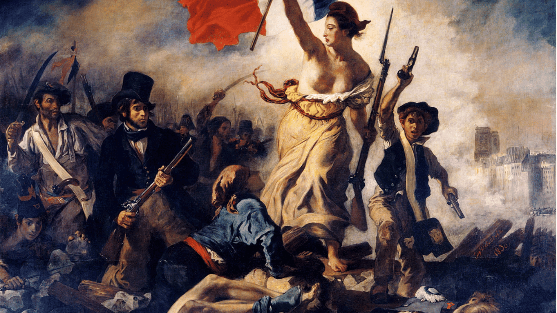 Historical painting of a woman holding a flag while leading a group of people through a battle scene.