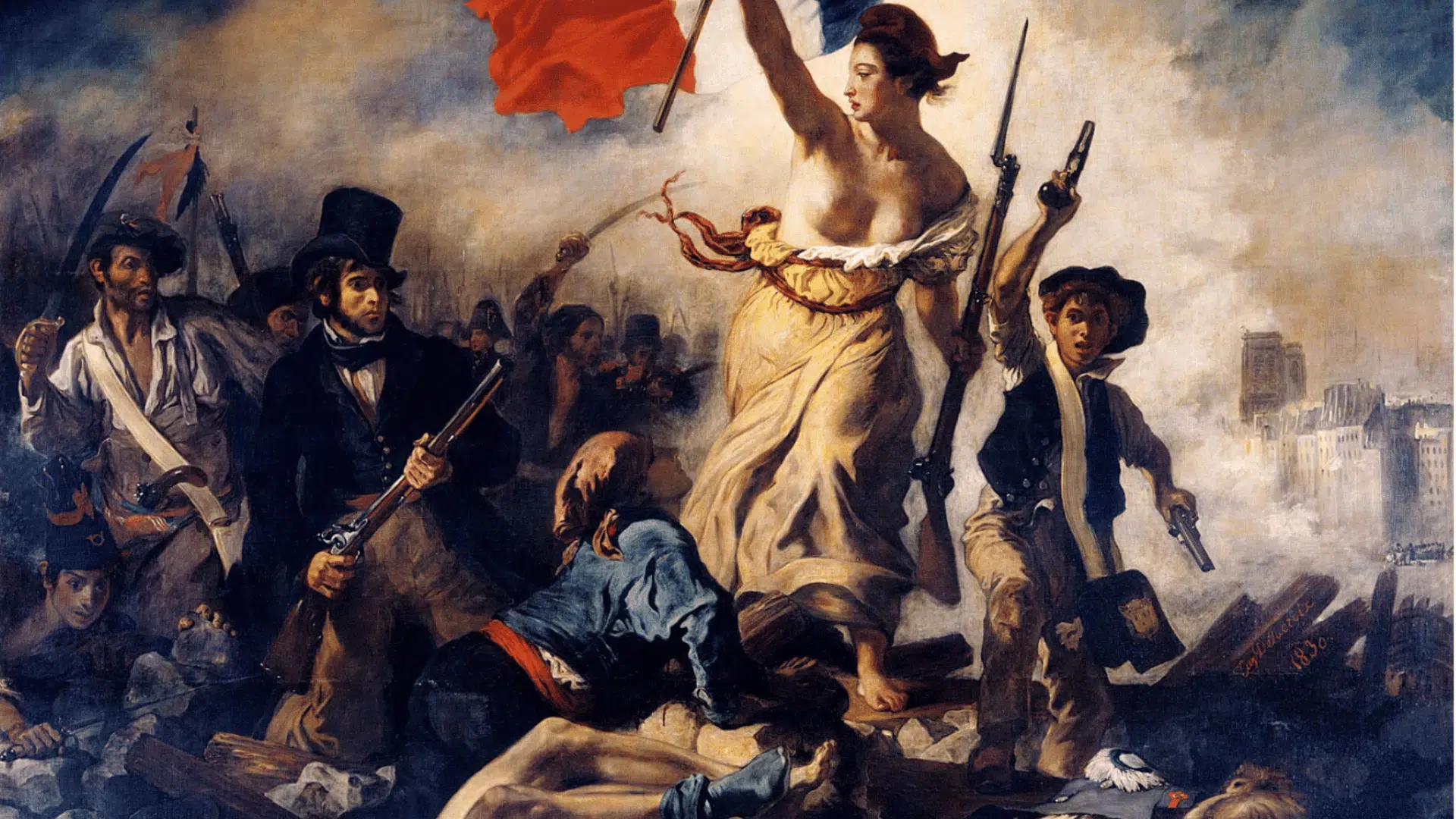 Historical painting of a woman holding a flag while leading a group of people through a battle scene.