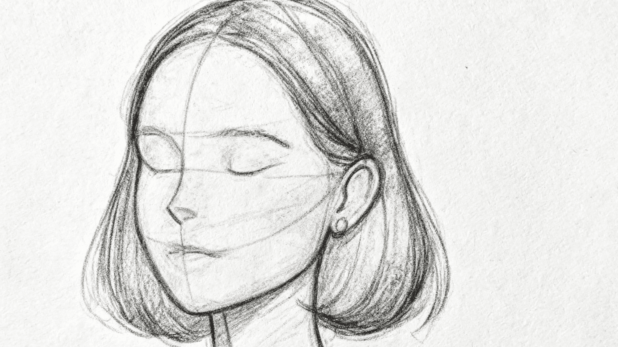 Female face with light placement of eyes, nose, and mouth using guidelines