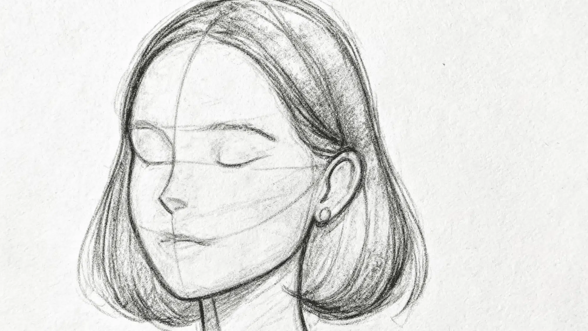 Female face with light placement of eyes, nose, and mouth using guidelines