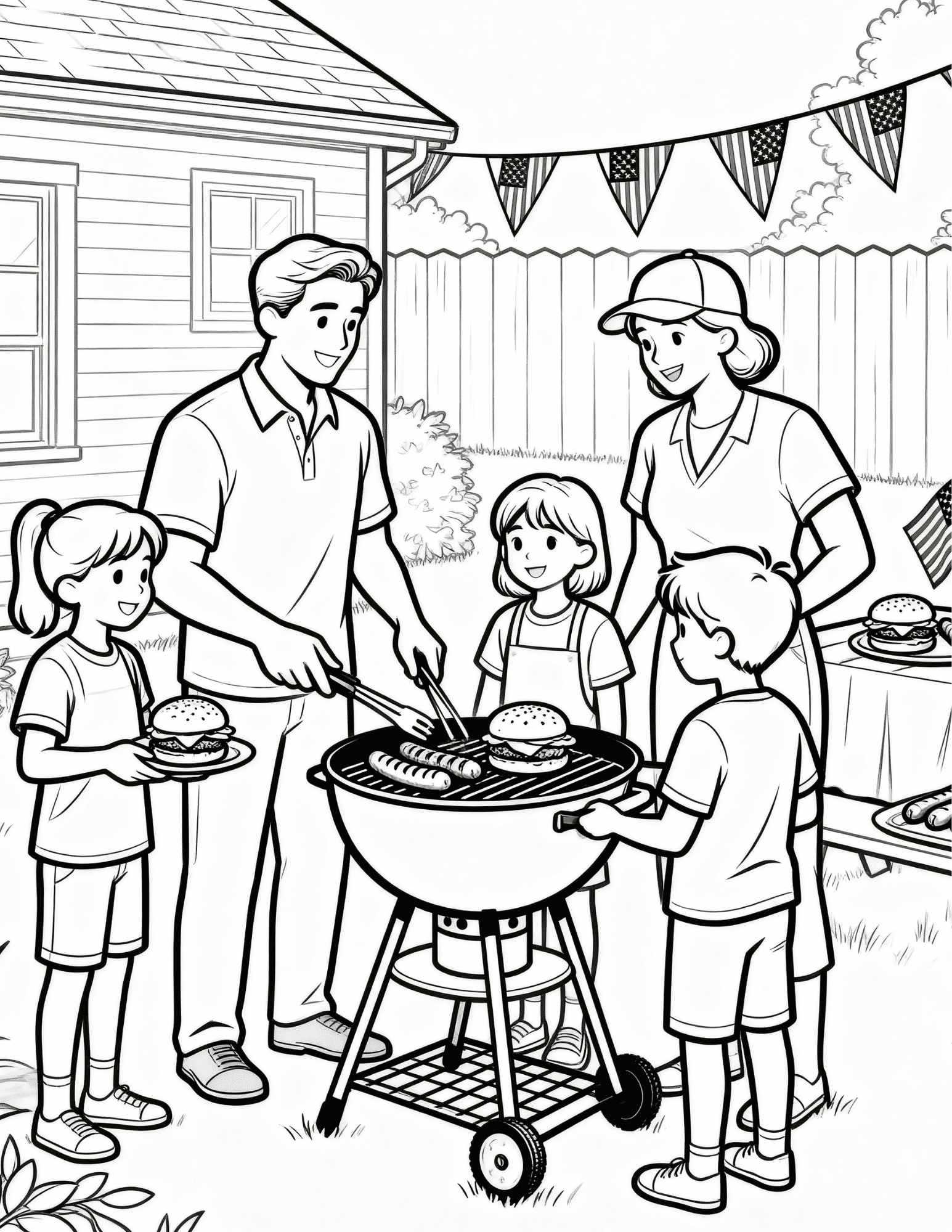 family barbecue cookout with american flags black outline coloring page for independence day