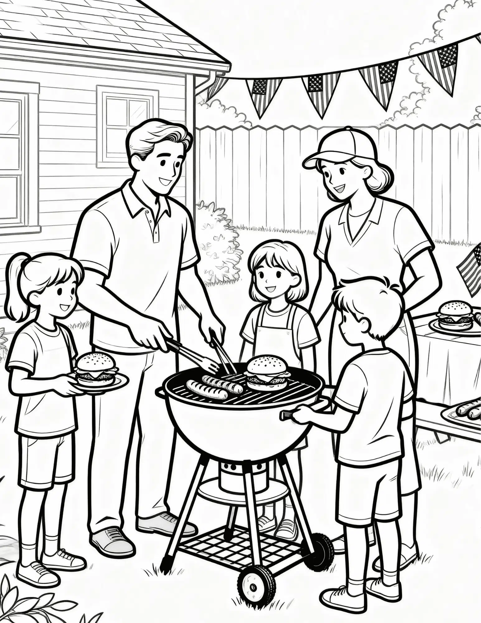 family barbecue cookout with american flags black outline coloring page for independence day